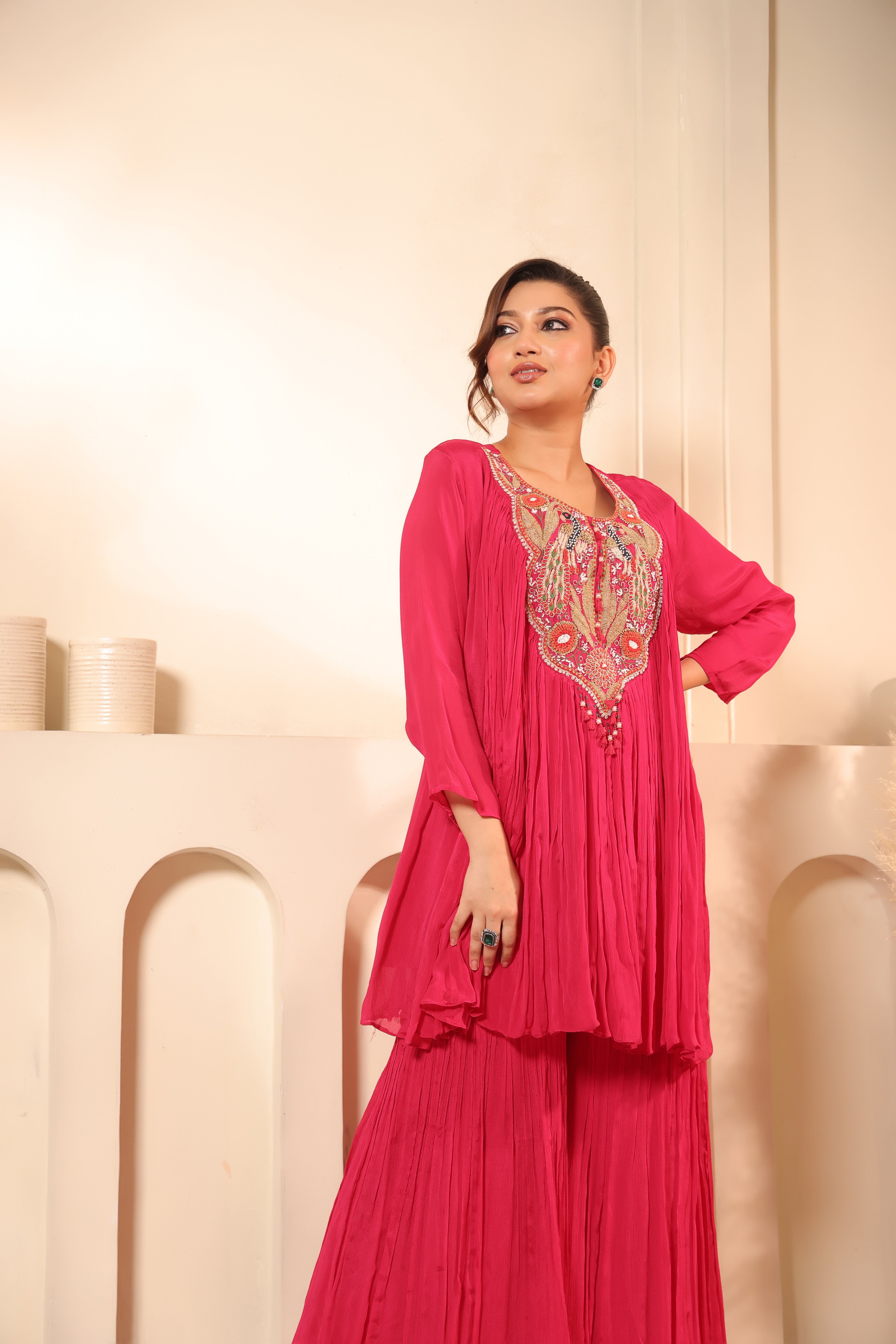 Embroidered Neck Crushed Georgette Kurta Sharara Set