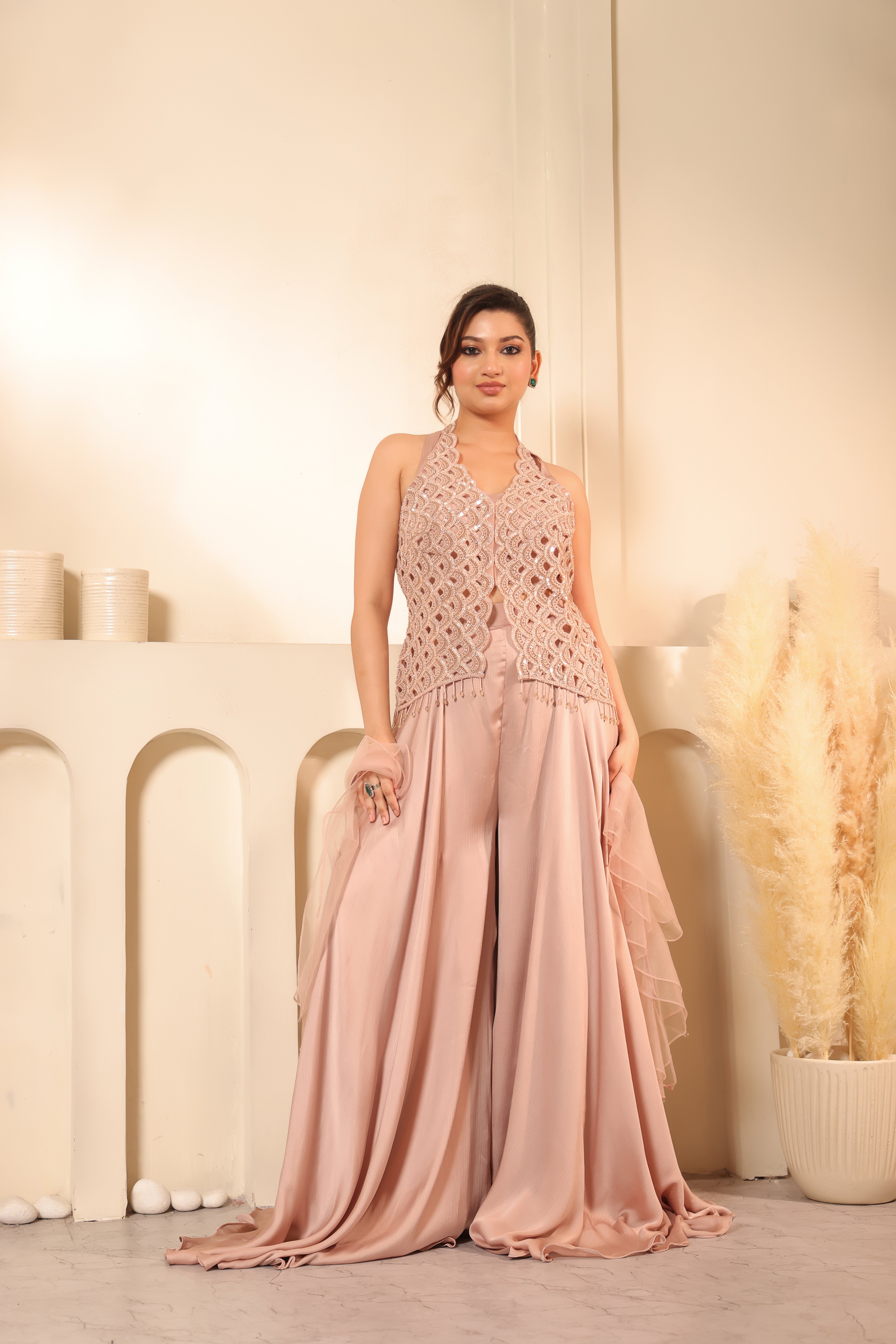 Blush Rose Lattice Embroidered Halter & Palazzo Set