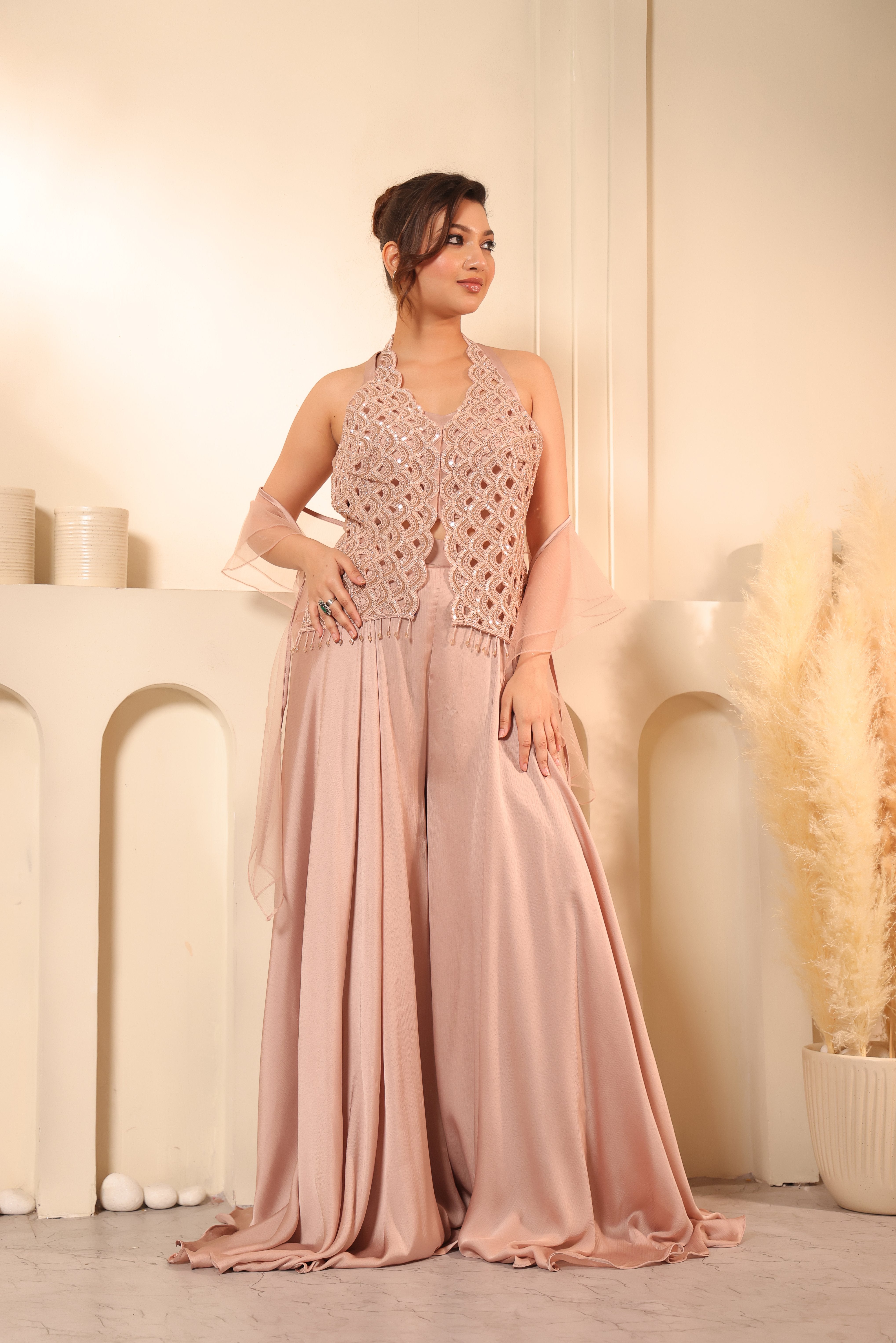 Blush Rose Lattice Embroidered Halter & Palazzo Set