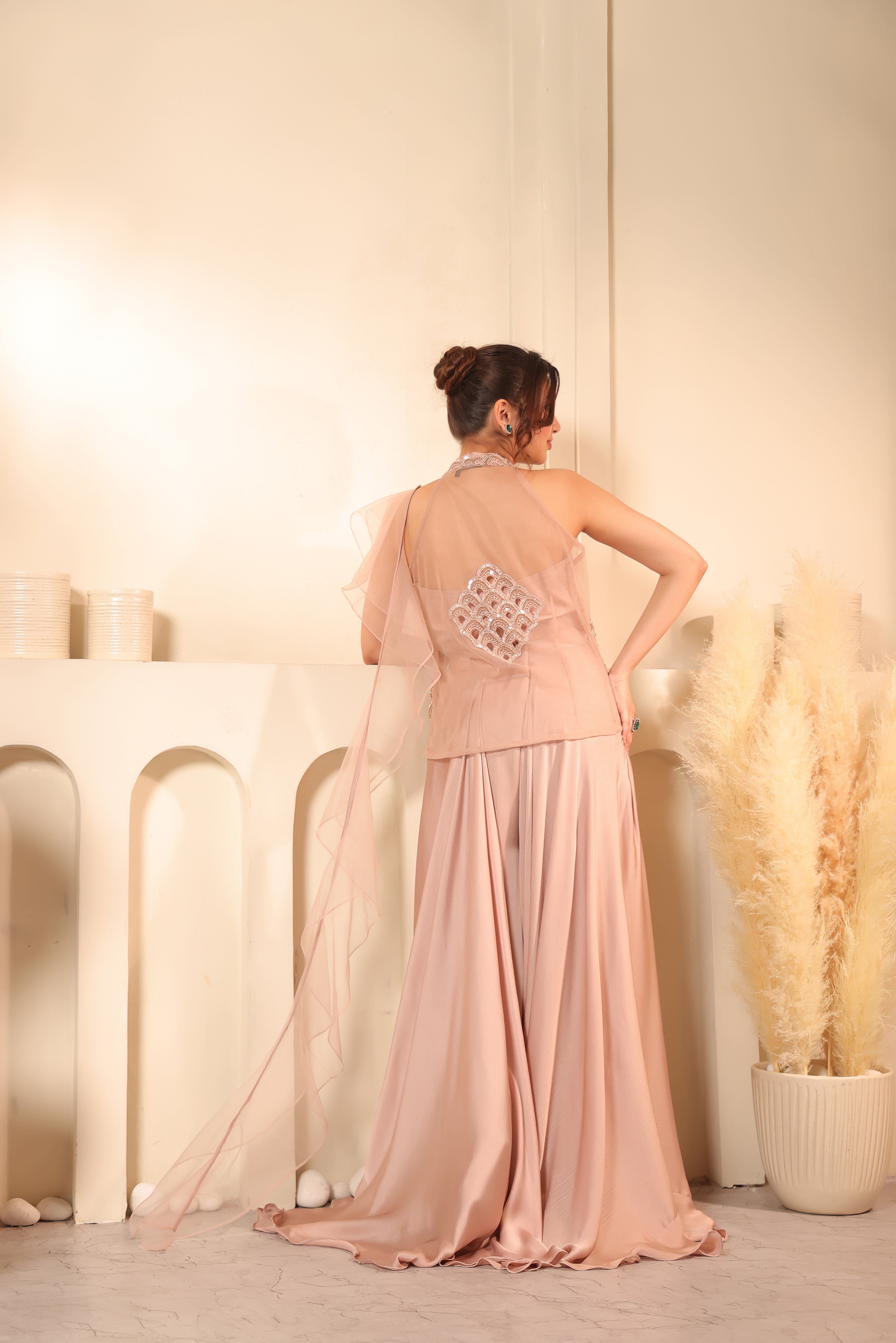 Blush Rose Lattice Embroidered Halter & Palazzo Set
