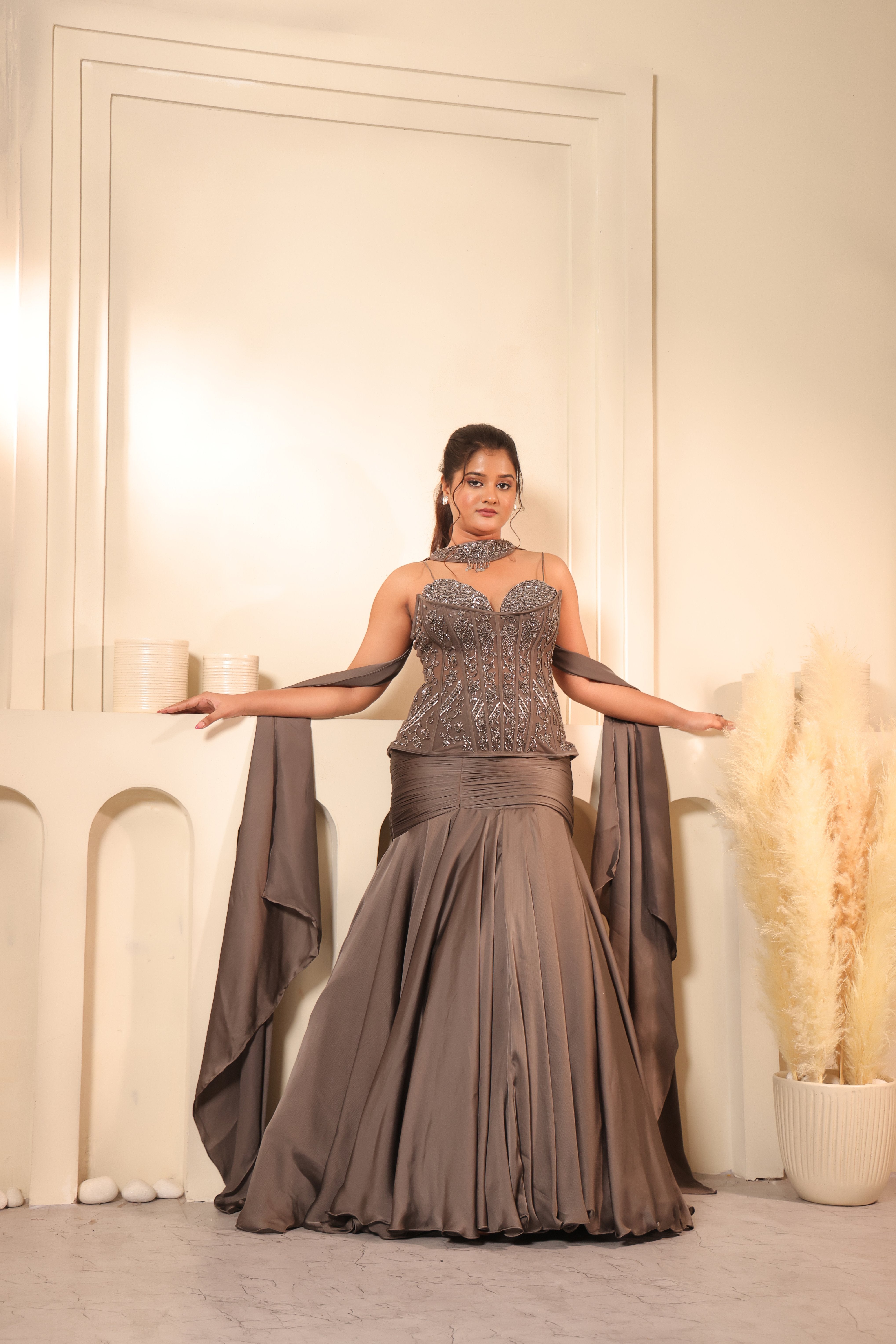 Steel Grey Crystal Corset Lehenga Set