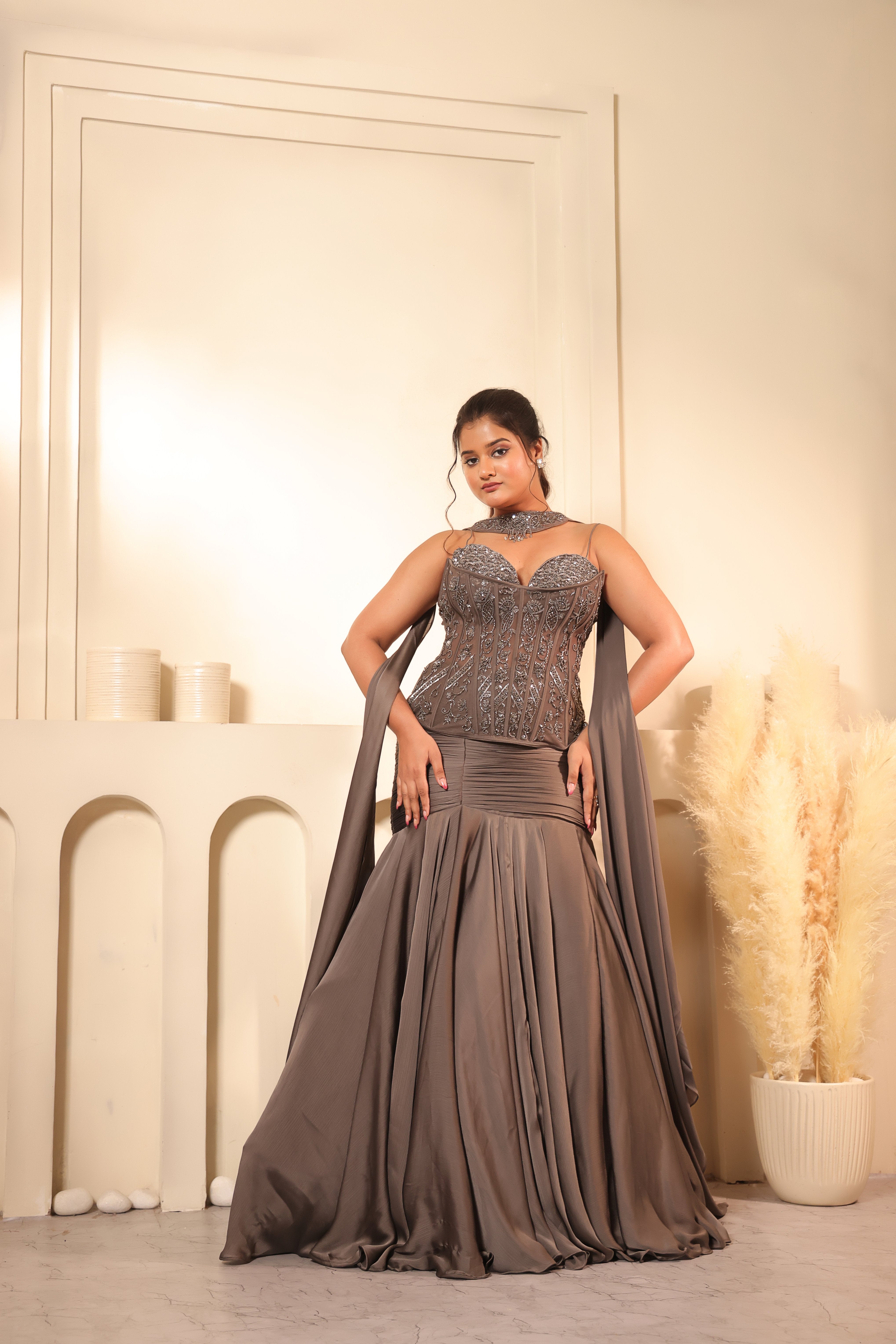 Steel Grey Crystal Corset Lehenga Set