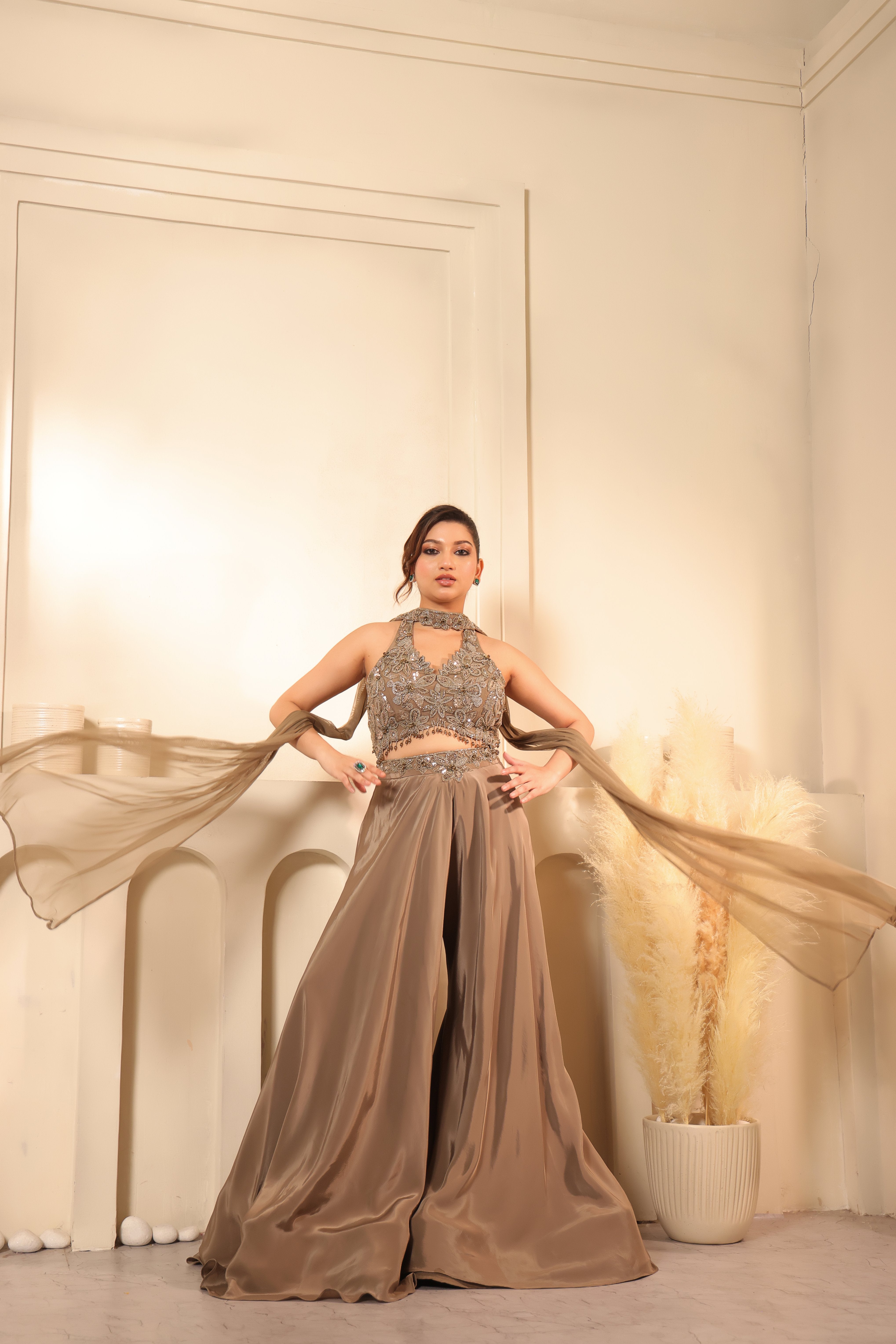 Mocha Zardozi Halter Crop Top & Palazzo Set