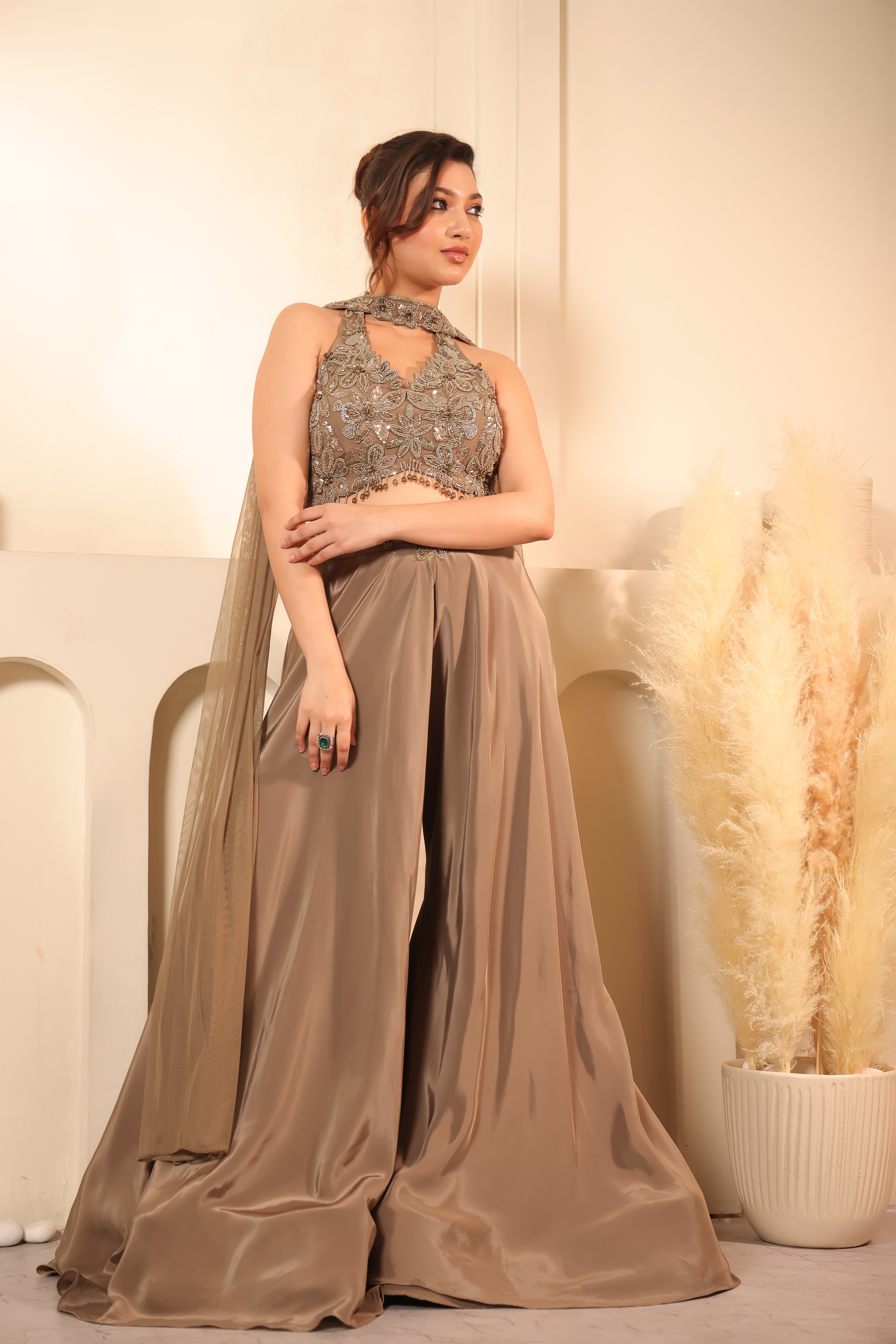 Mocha Zardozi Halter Crop Top & Palazzo Set