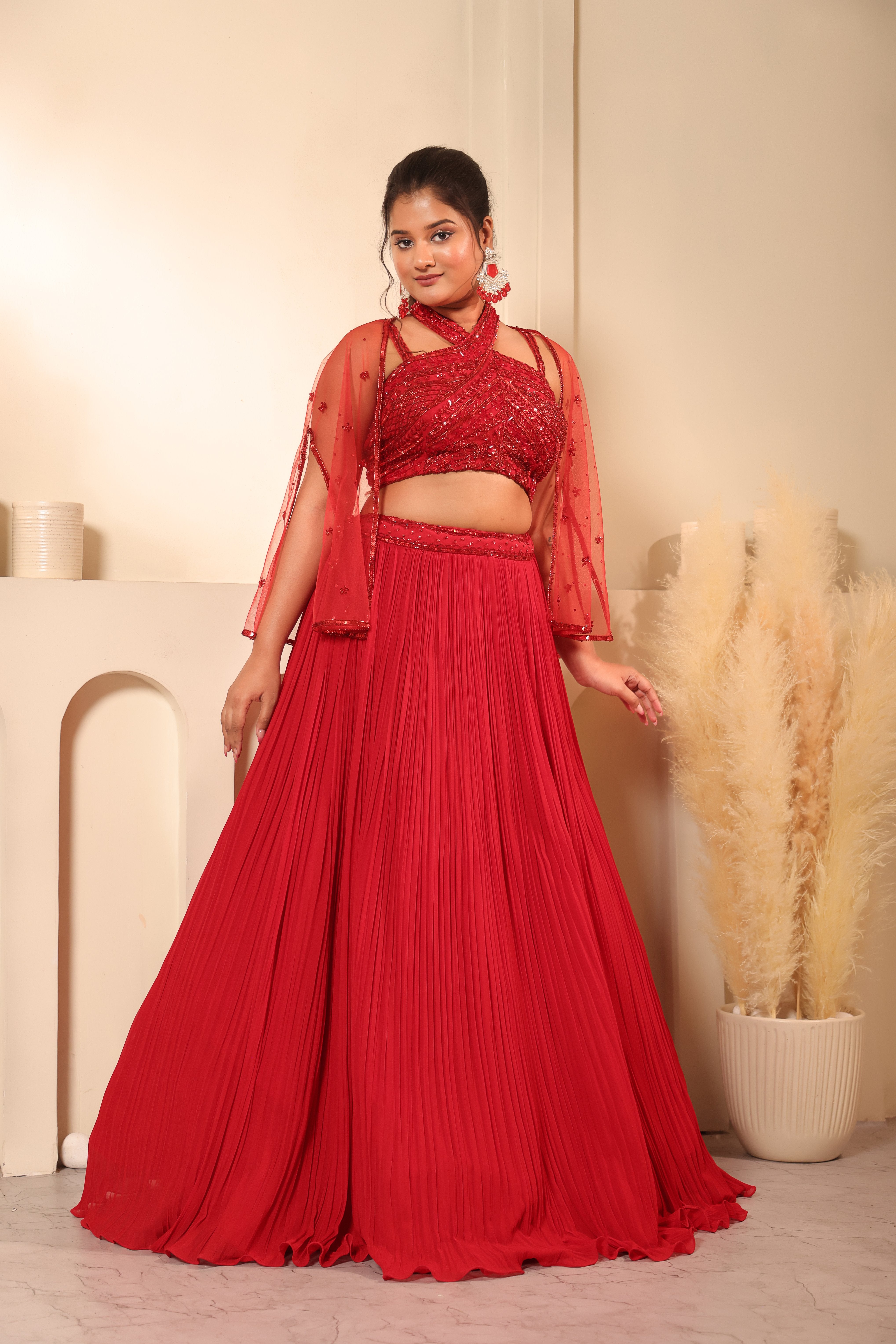 Crimson Red Sequin Crop Top Pleated Lehenga Set