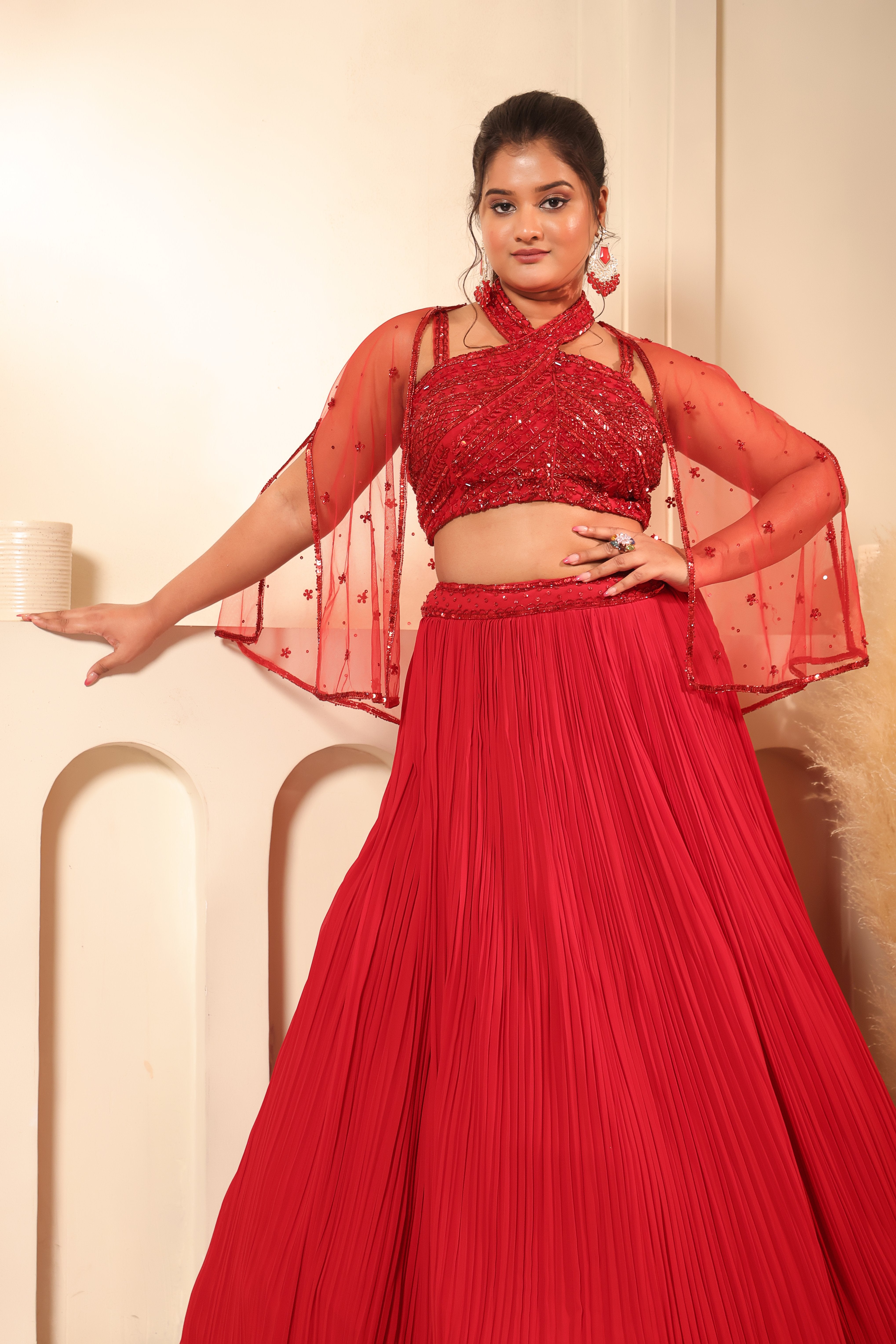 Crimson Red Sequin Crop Top Pleated Lehenga Set