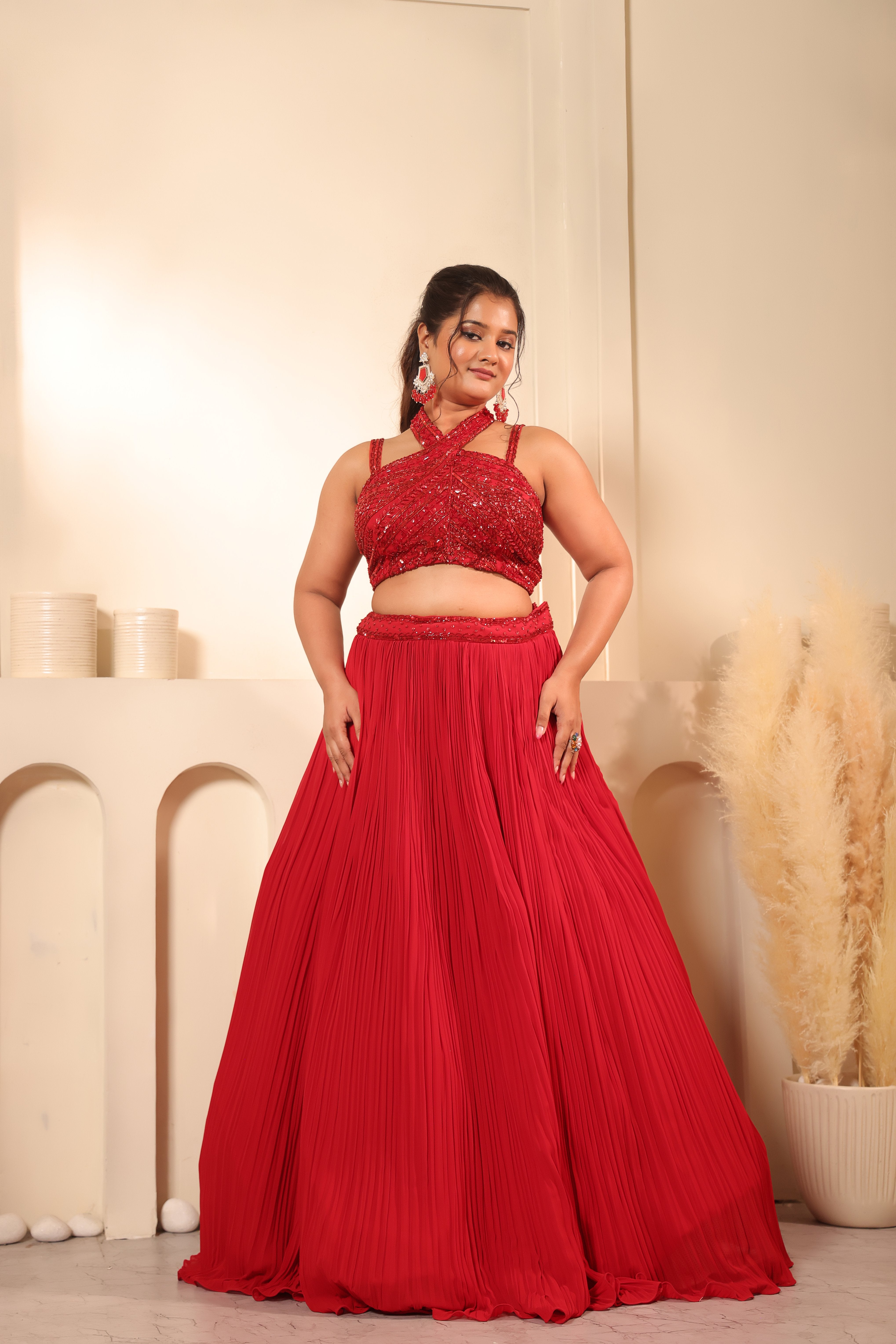 Crimson Red Sequin Crop Top Pleated Lehenga Set