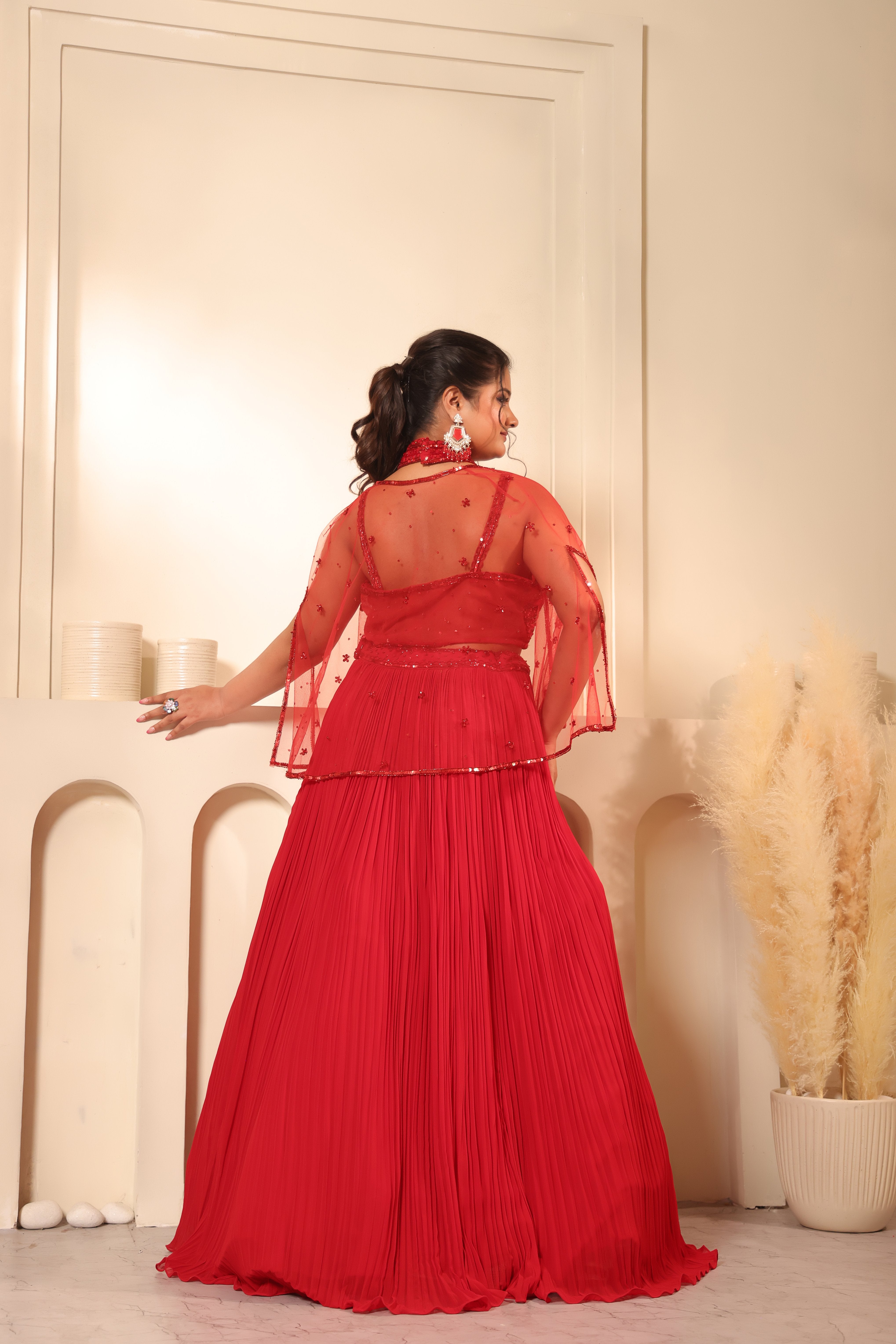 Crimson Red Sequin Crop Top Pleated Lehenga Set