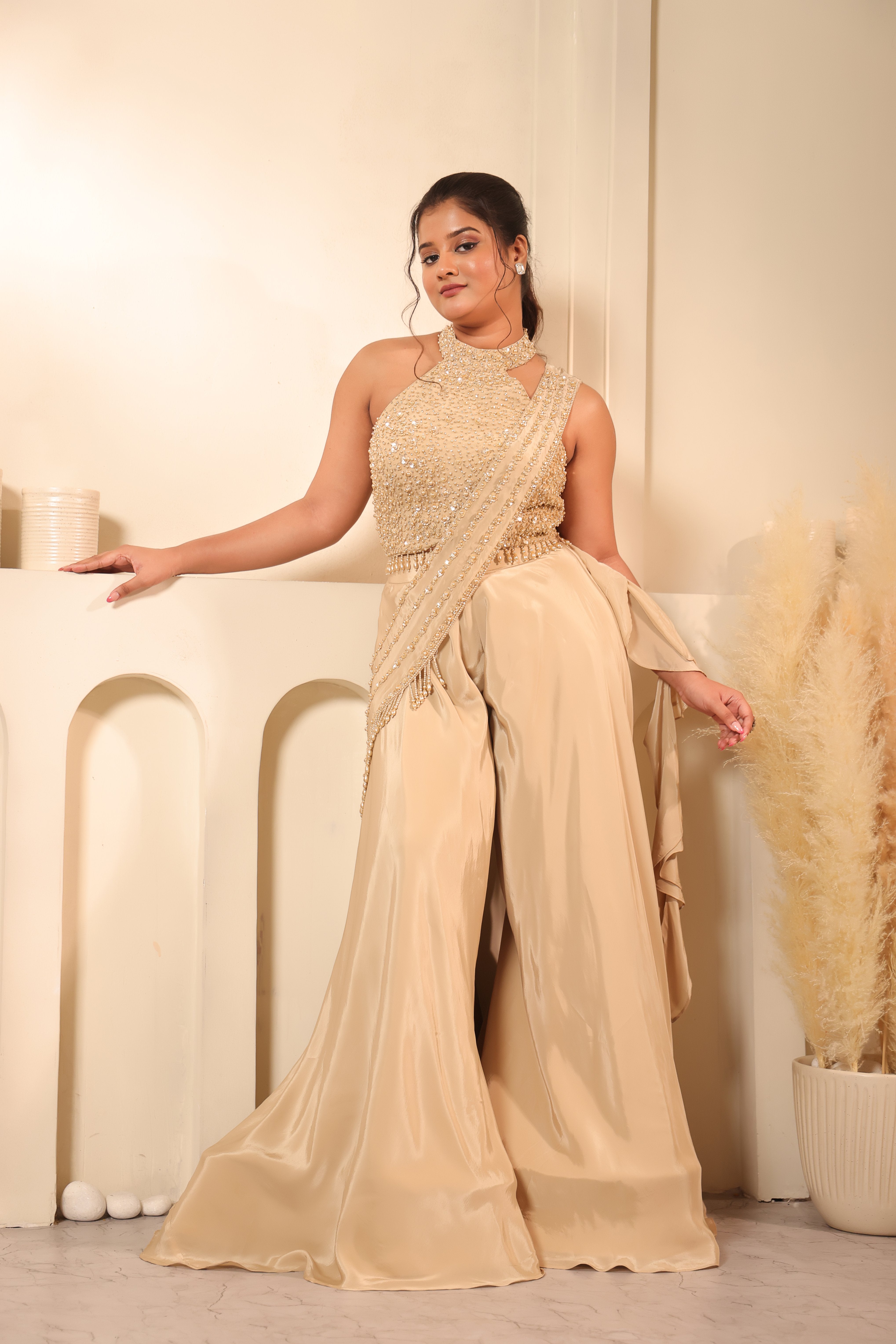 Champagne Pearl Halter Neck & Palazzo Set
