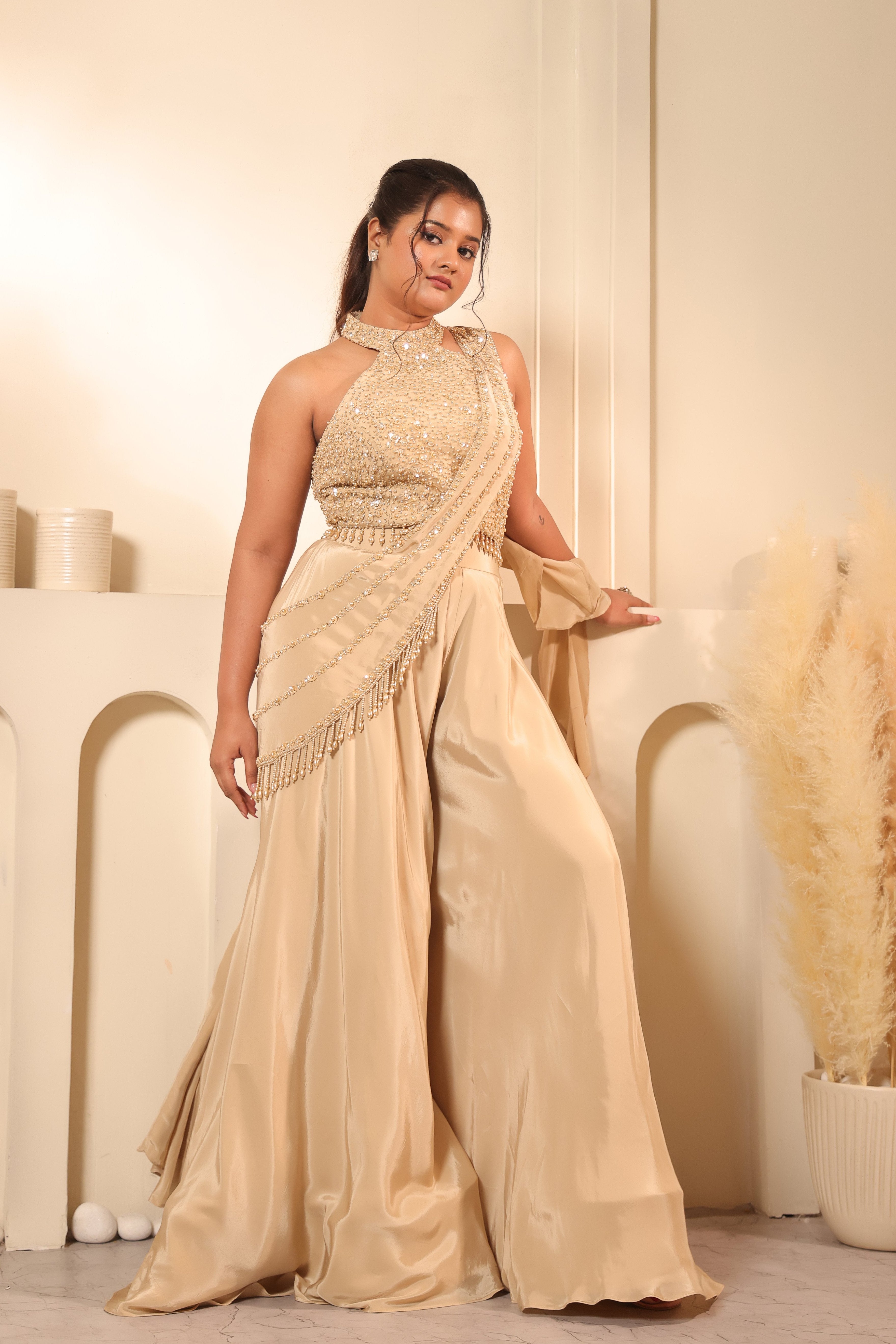 Champagne Pearl Halter Neck & Palazzo Set