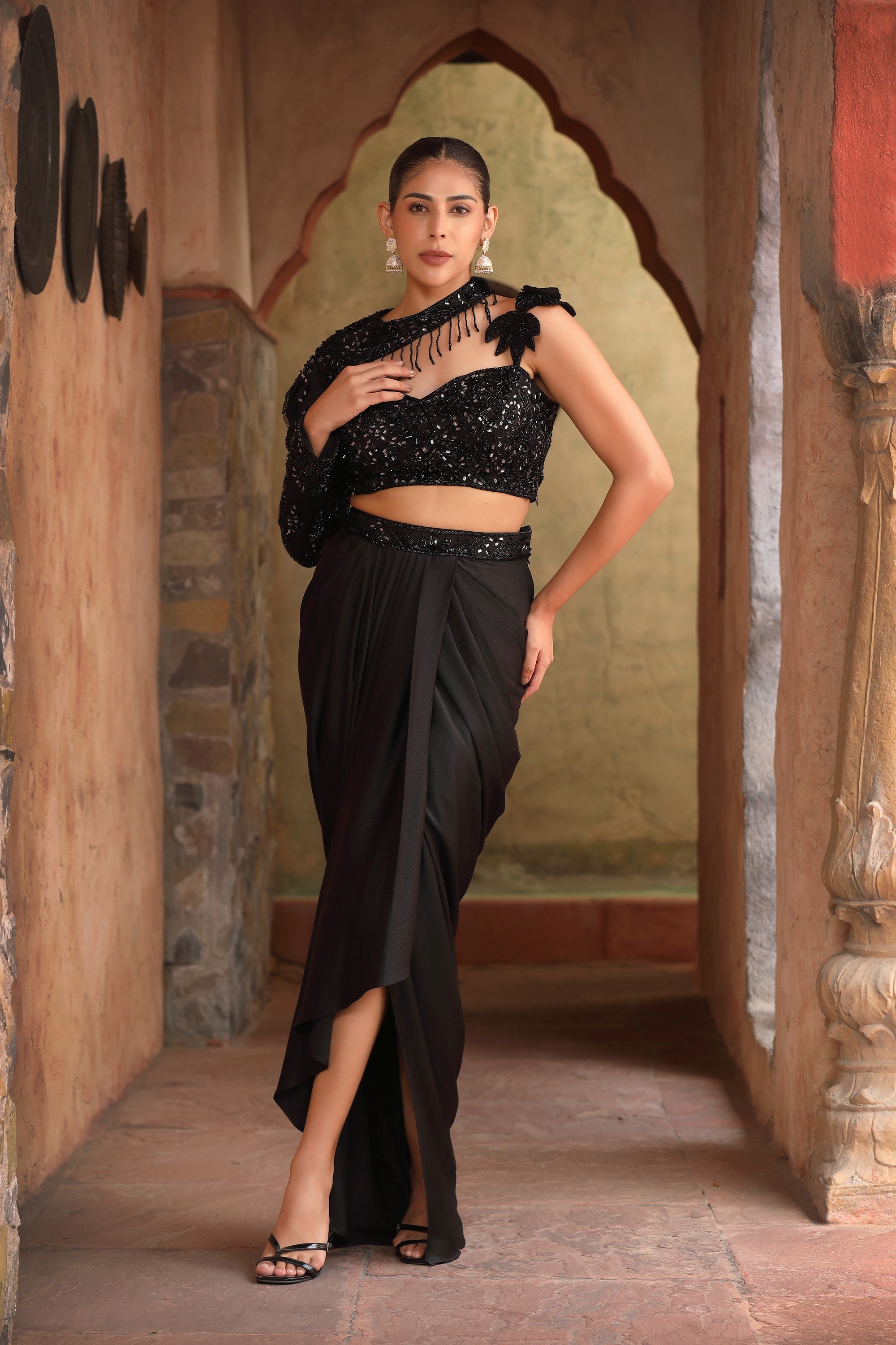 Black Sequin Floral Embellished Blouse & Draped Skirt