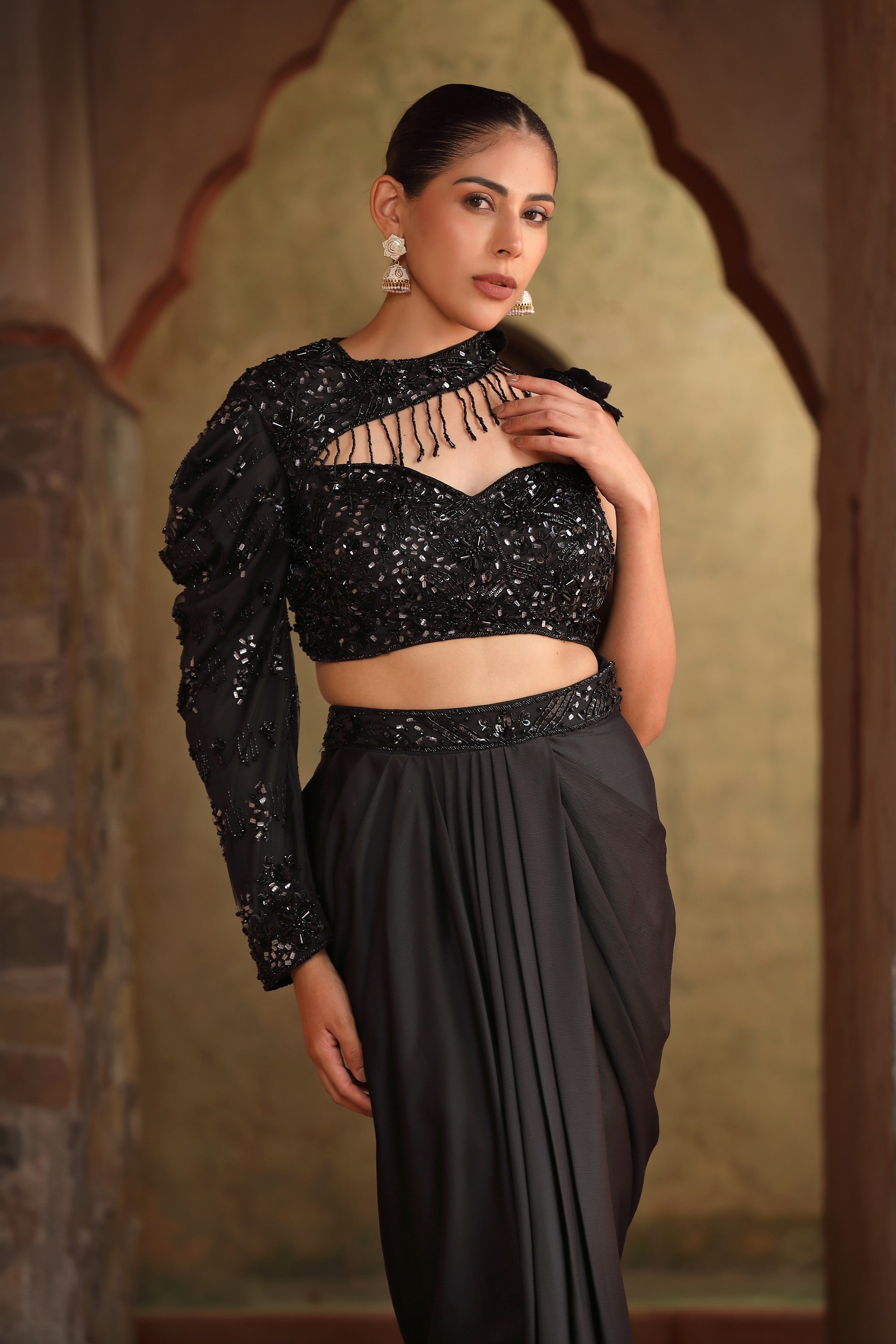 Black Sequin Floral Embellished Blouse & Draped Skirt