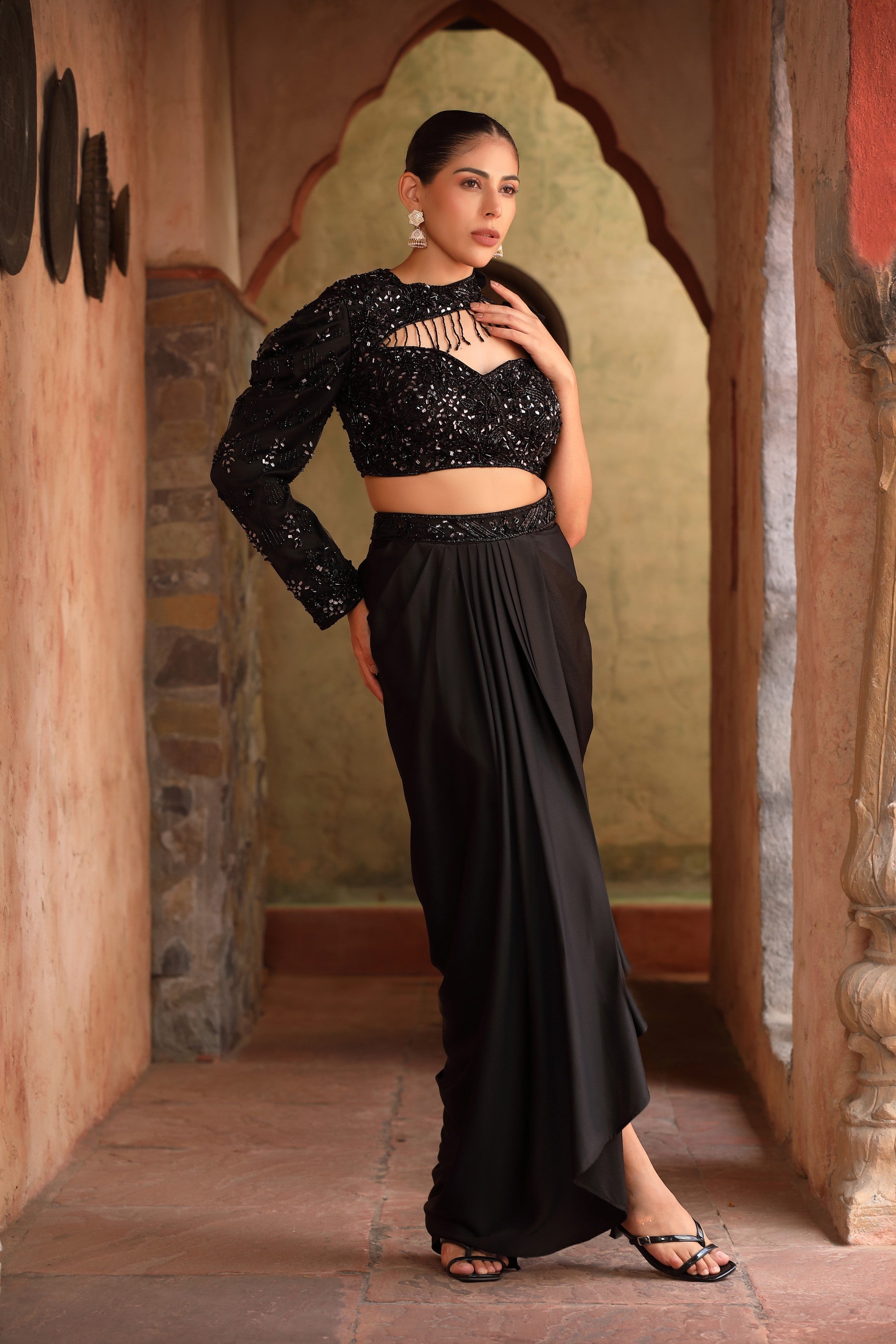 Black Sequin Floral Embellished Blouse & Draped Skirt