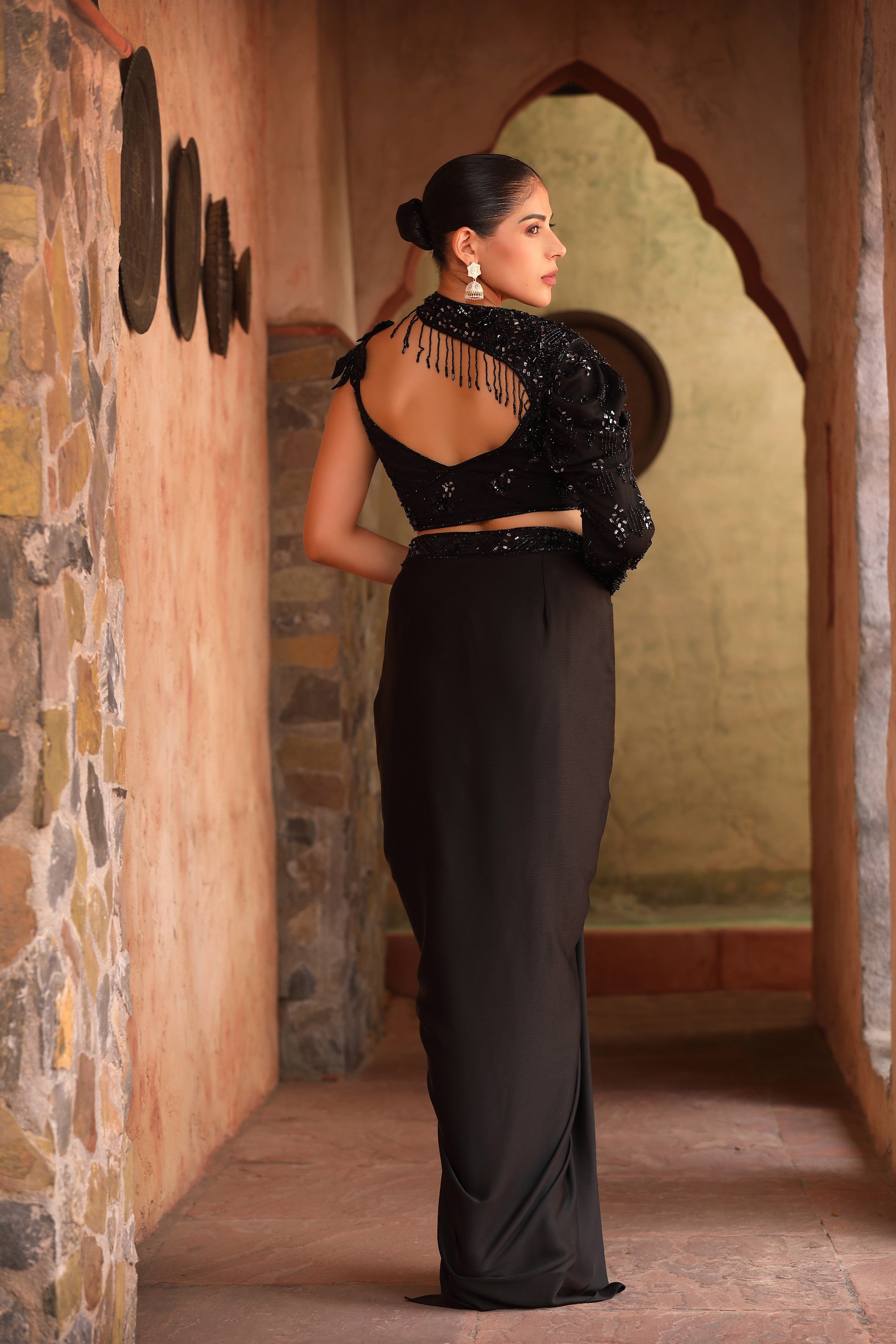 Black Sequin Floral Embellished Blouse & Draped Skirt