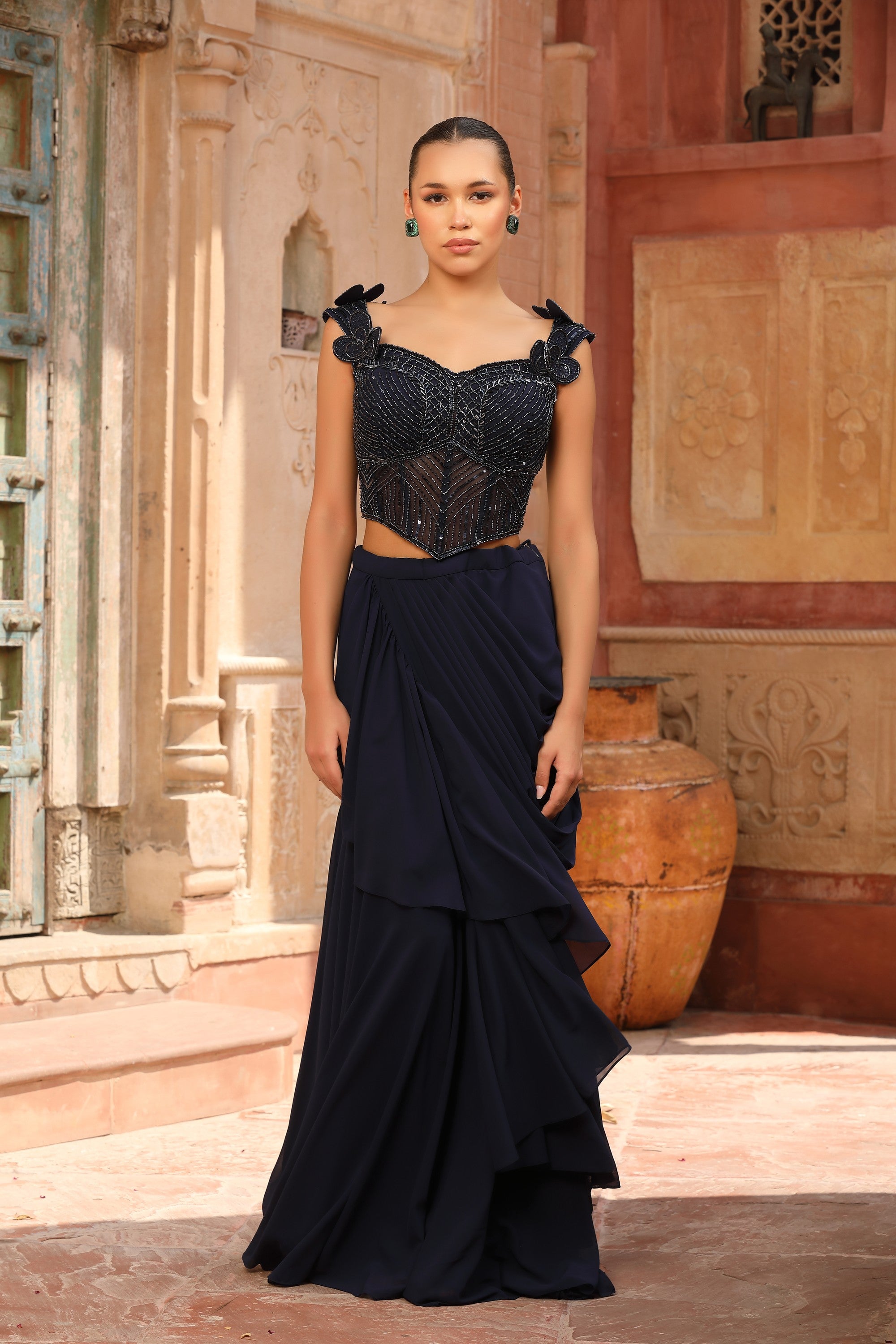 Navy Blue Bead Embroidered Corset & Ruffled Draped Skirt