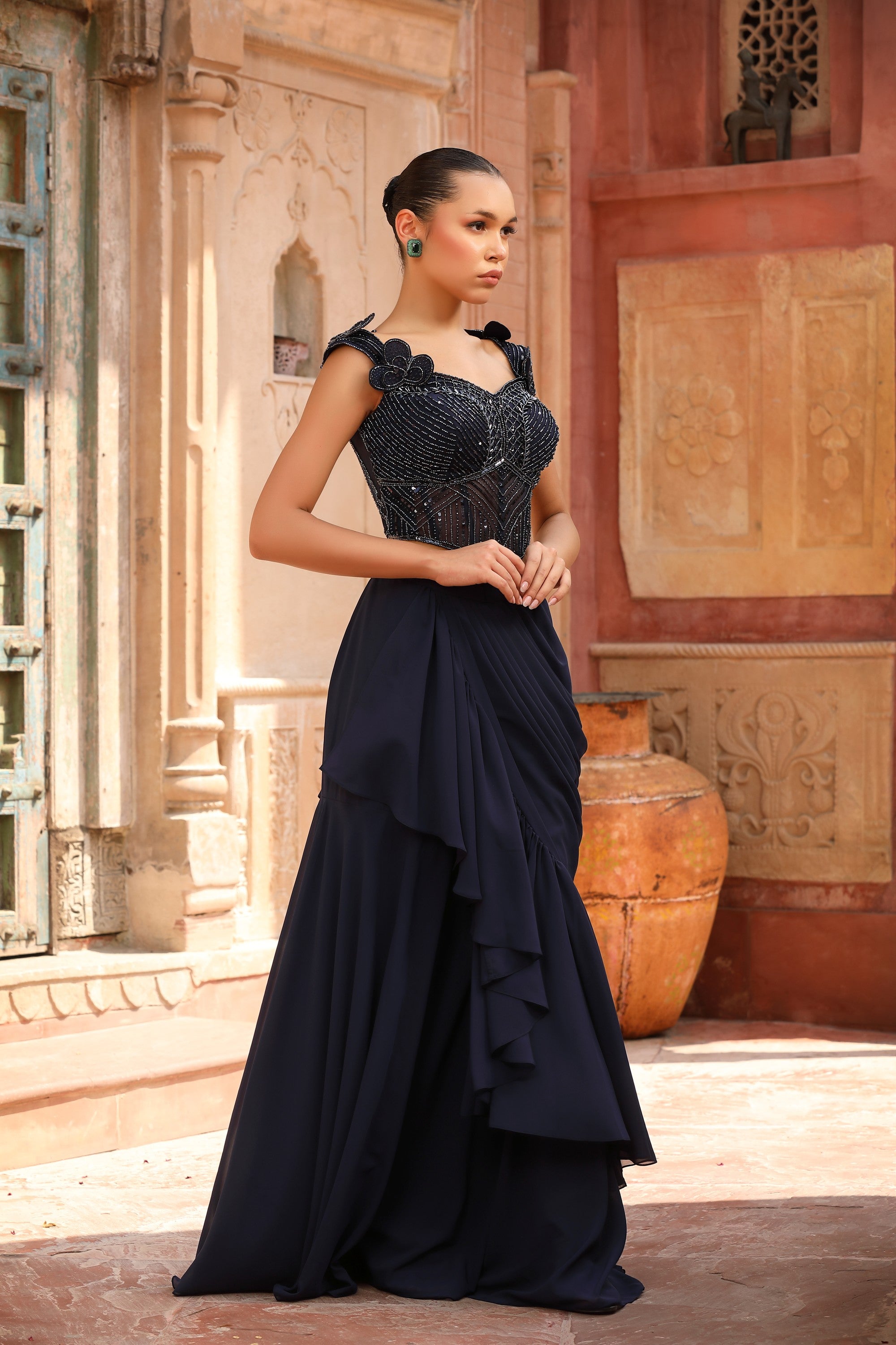Navy Blue Bead Embroidered Corset & Ruffled Draped Skirt