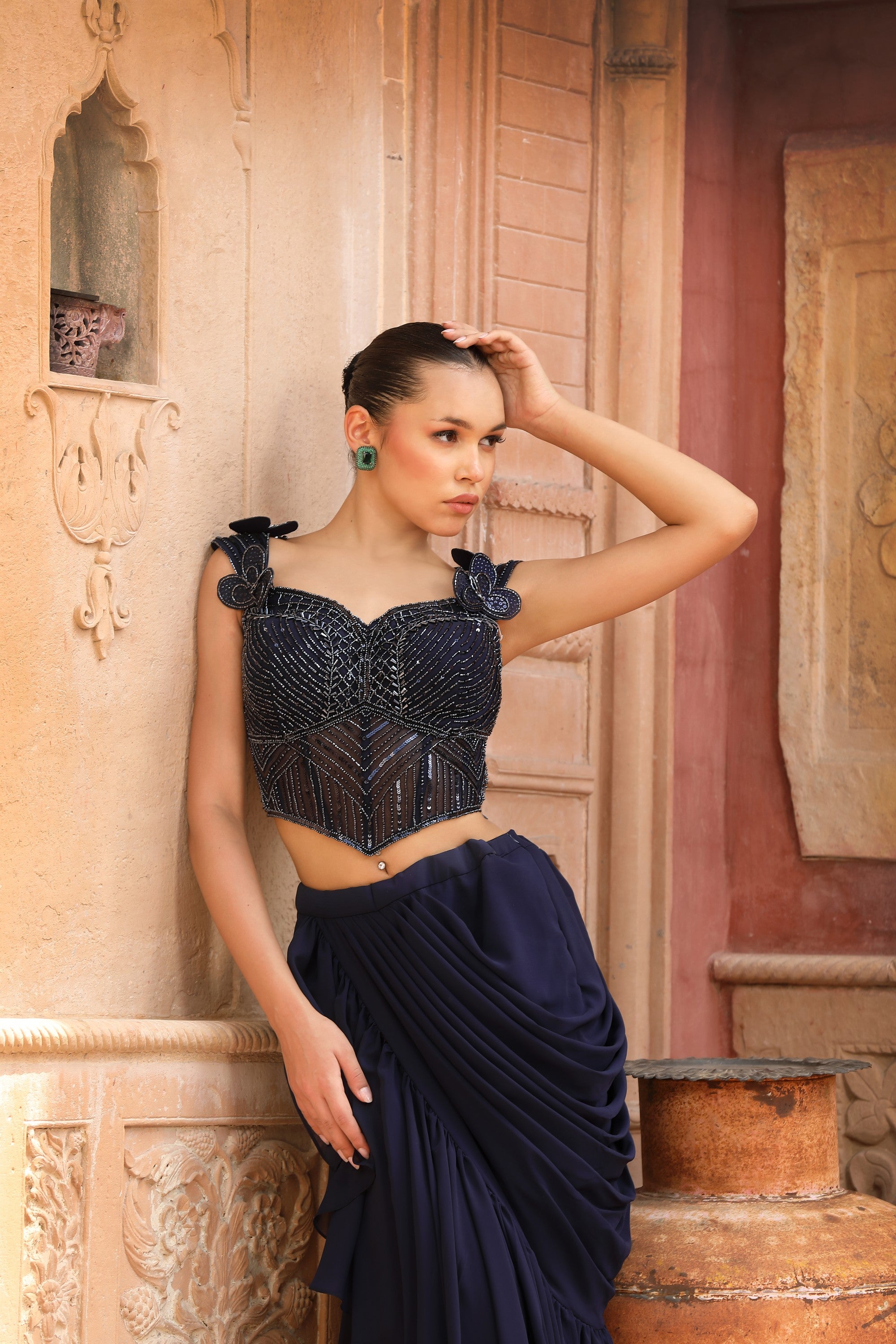 Navy Blue Bead Embroidered Corset & Ruffled Draped Skirt