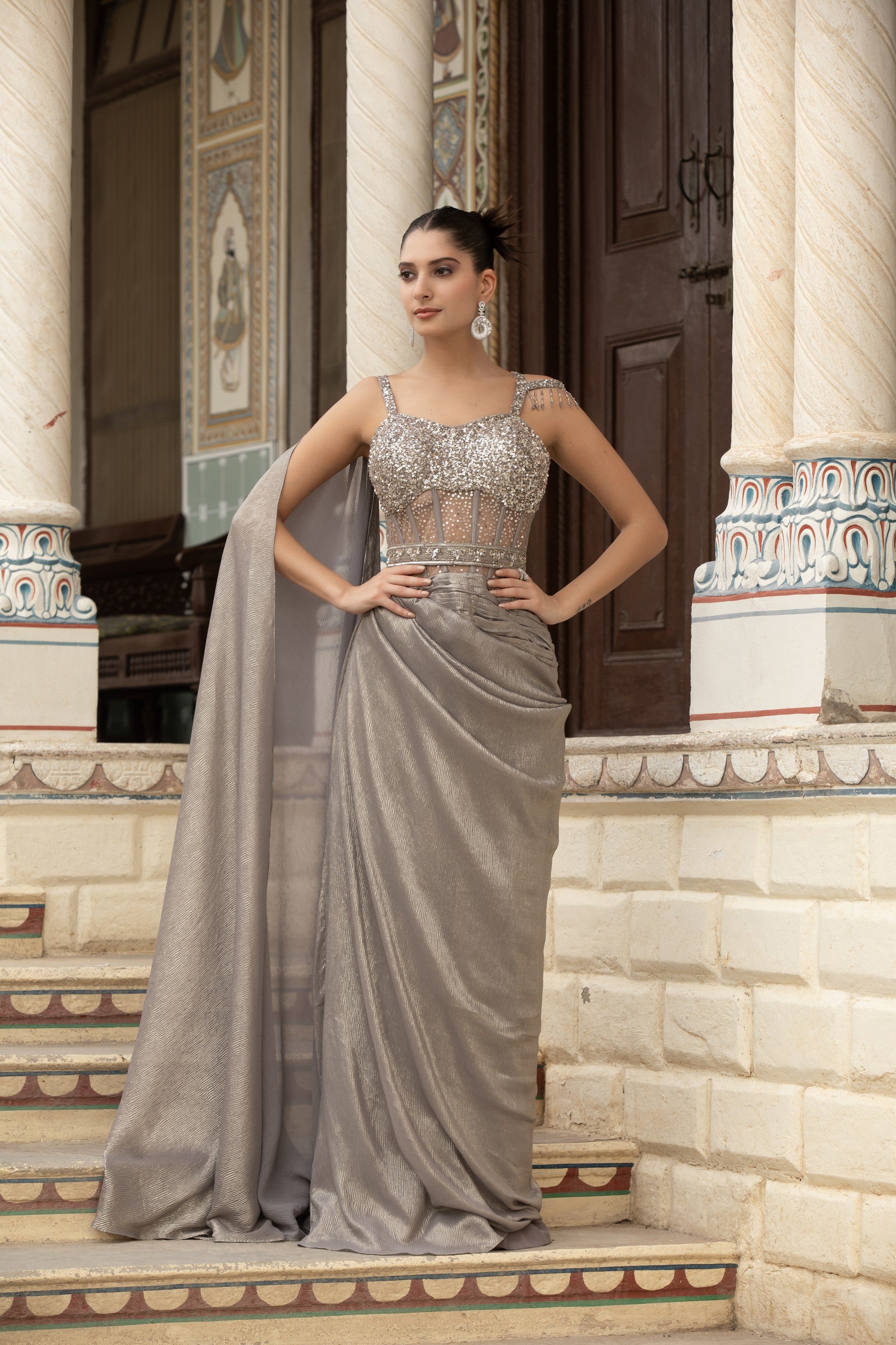 Silver Grey Crystal Corset Draped Shimmer Gown