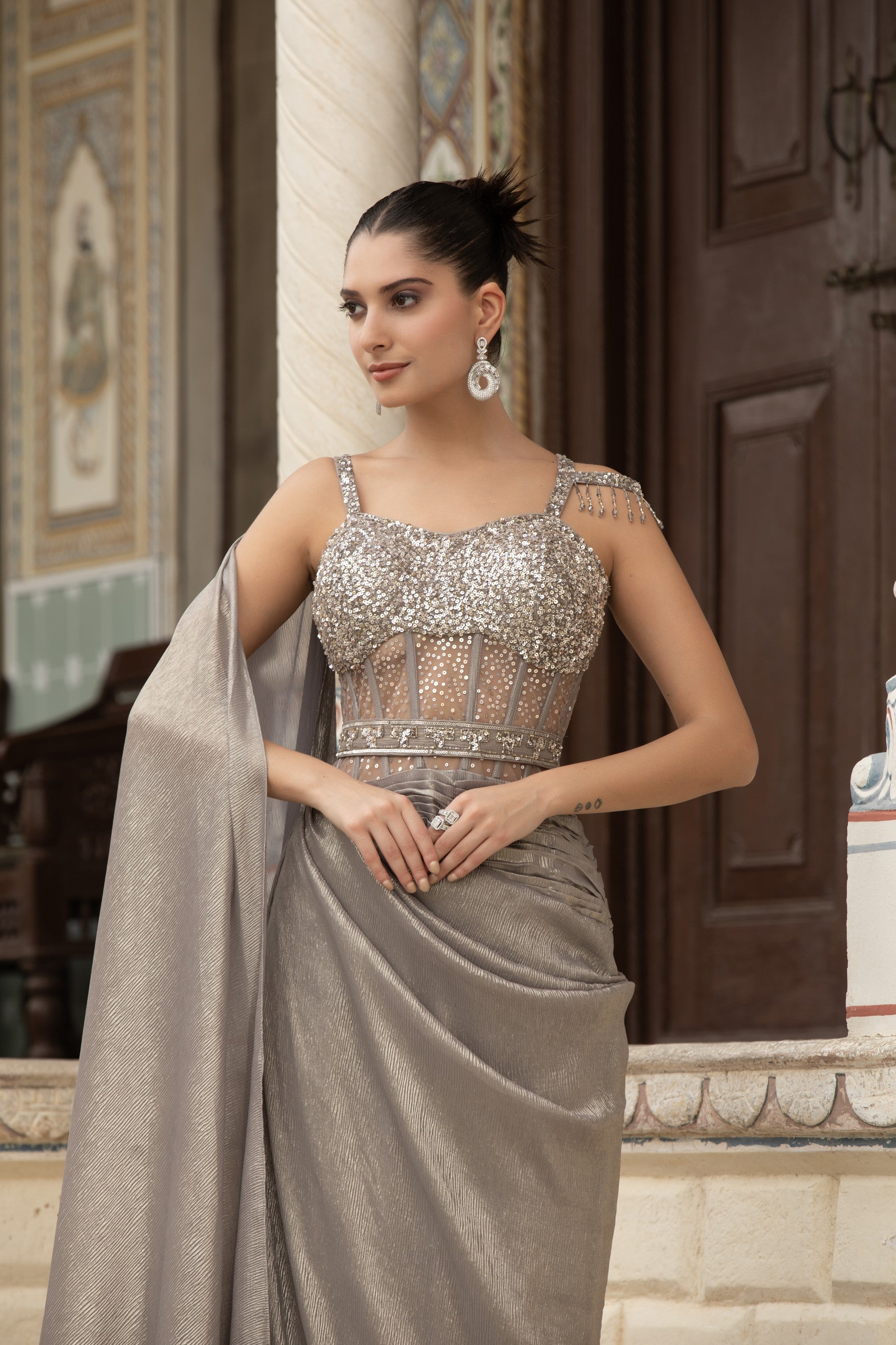 Silver Grey Crystal Corset Draped Shimmer Gown