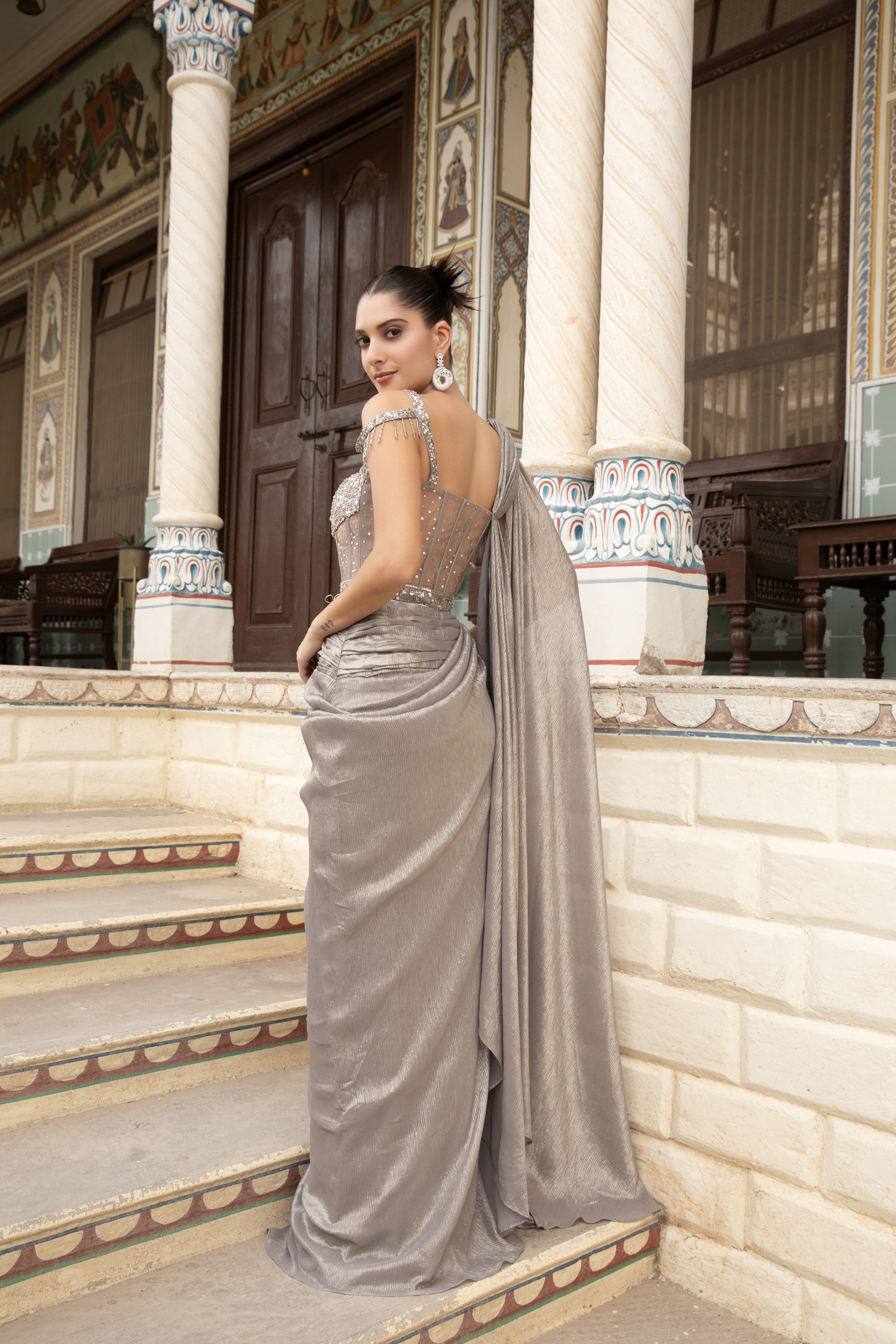 Silver Grey Crystal Corset Draped Shimmer Gown