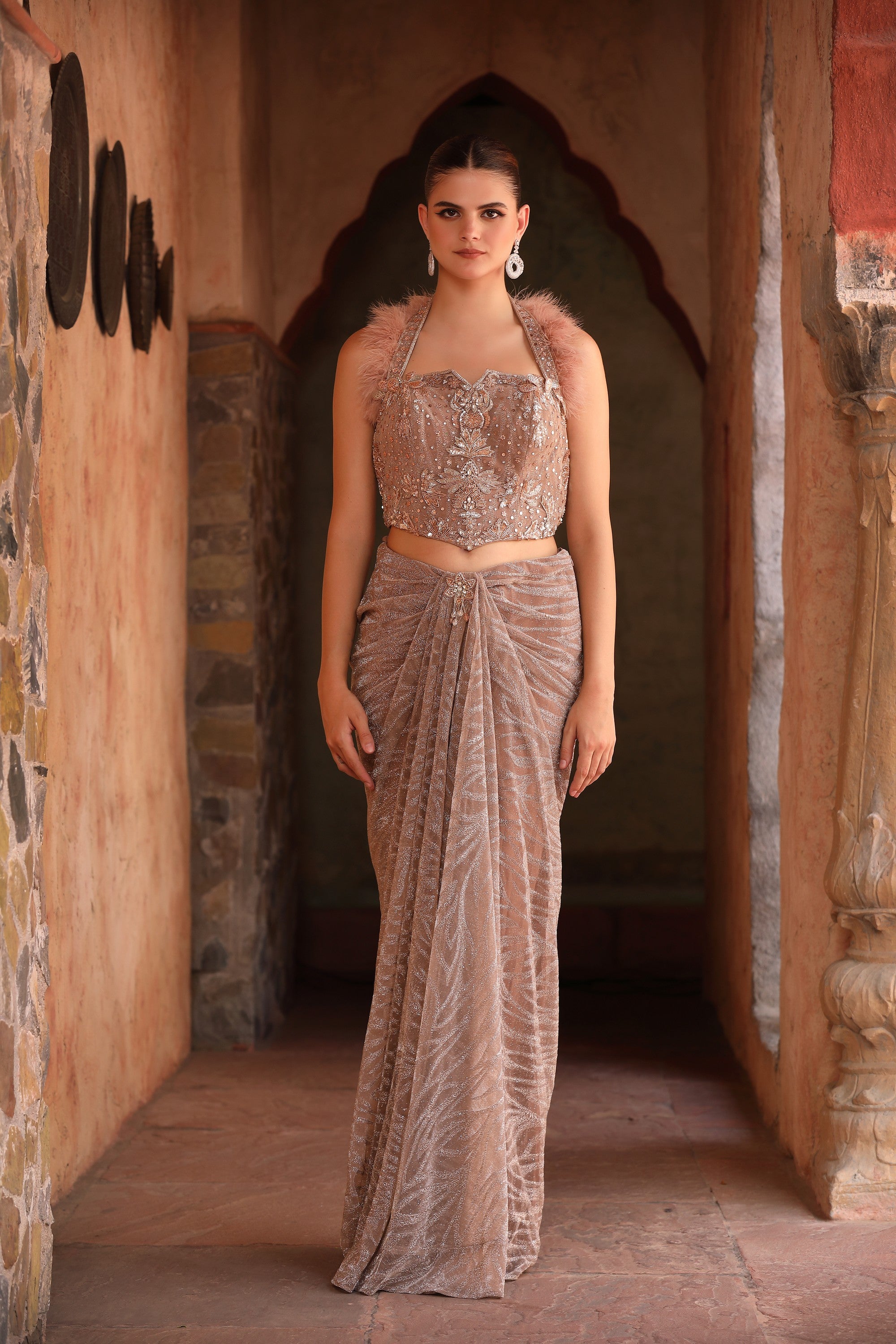 Dusty Rose Feather Trim Corset & Shimmer Draped Skirt
