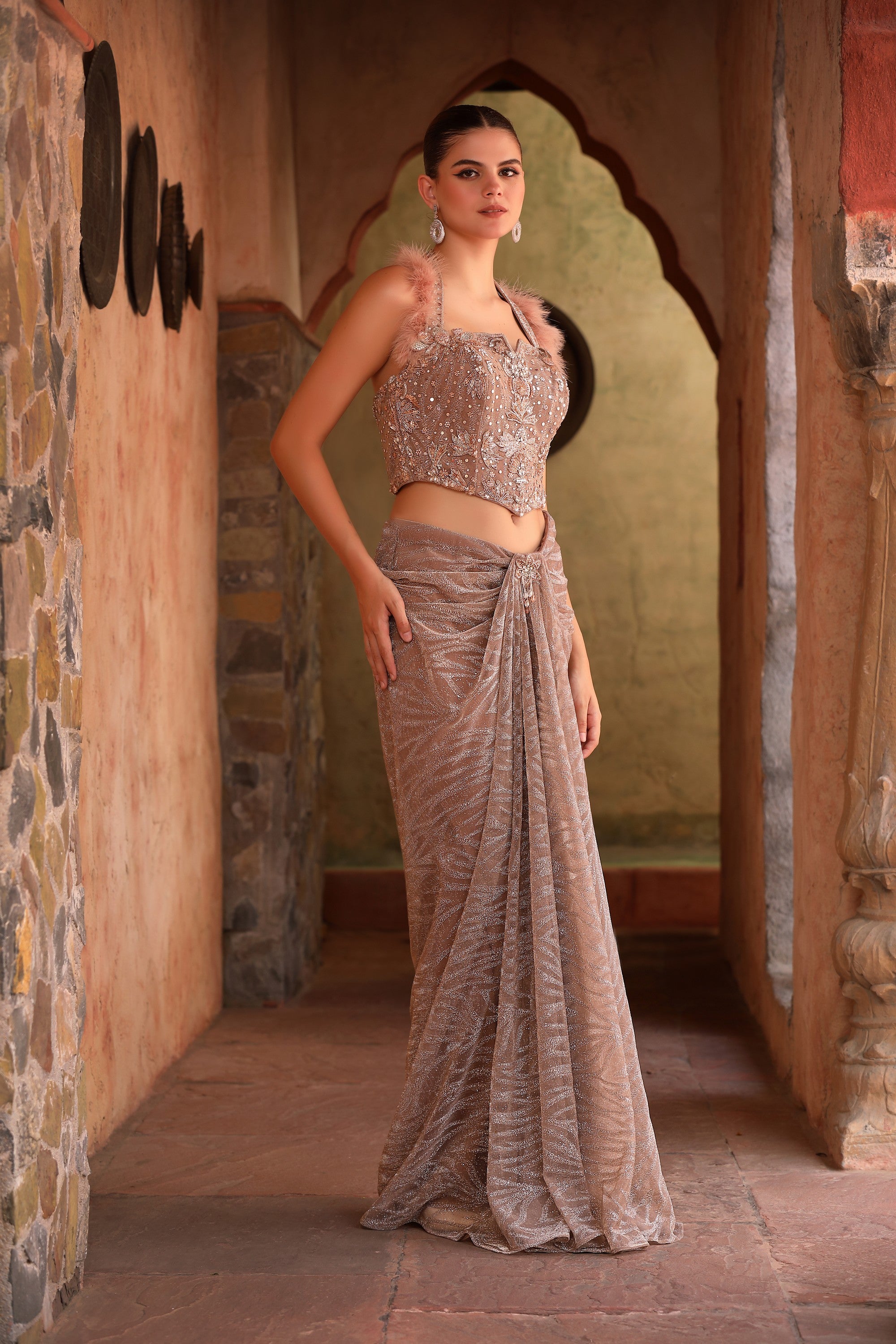 Dusty Rose Feather Trim Corset & Shimmer Draped Skirt