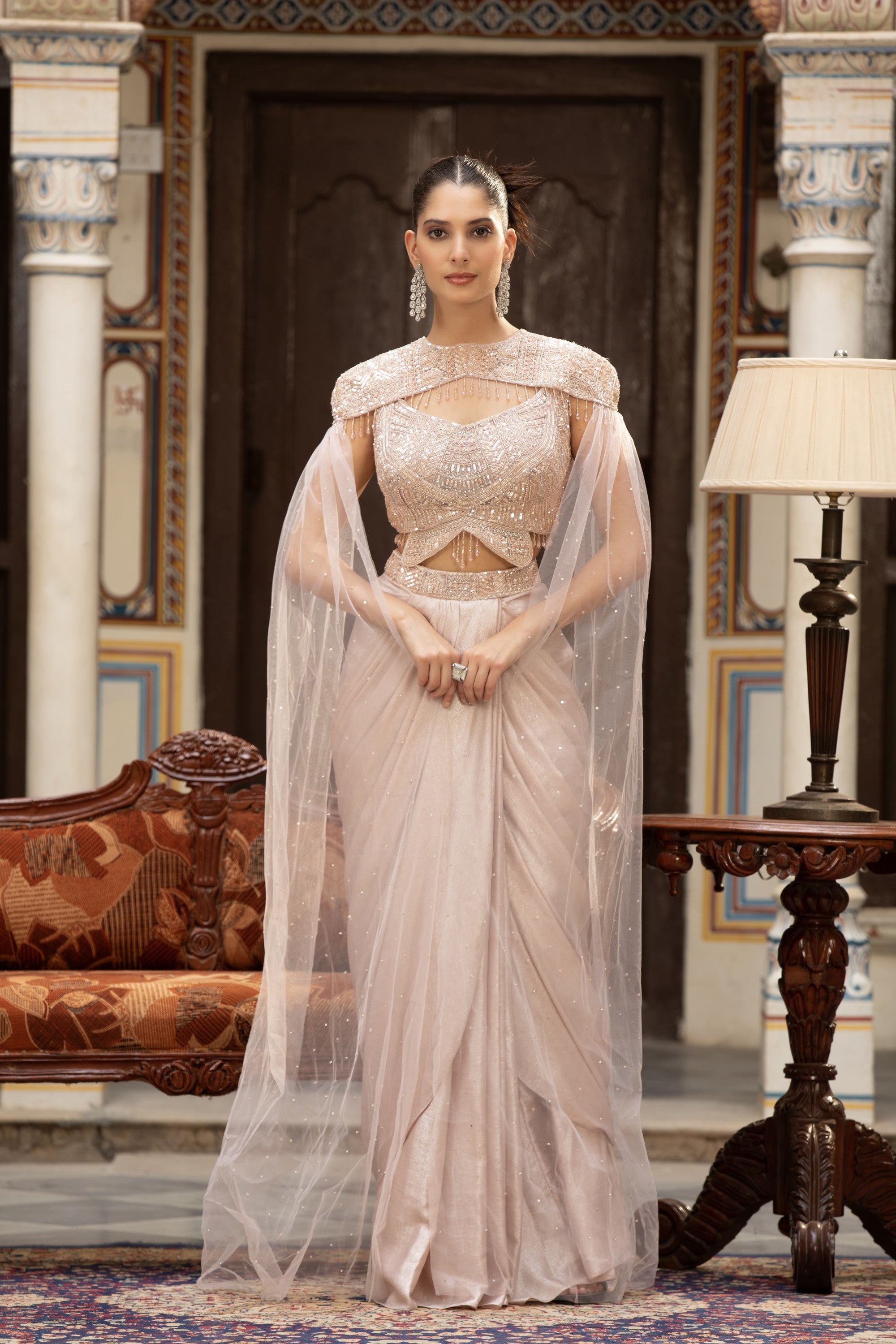 Blush Crystal Cape Shoulder Corset & Draped Skirt