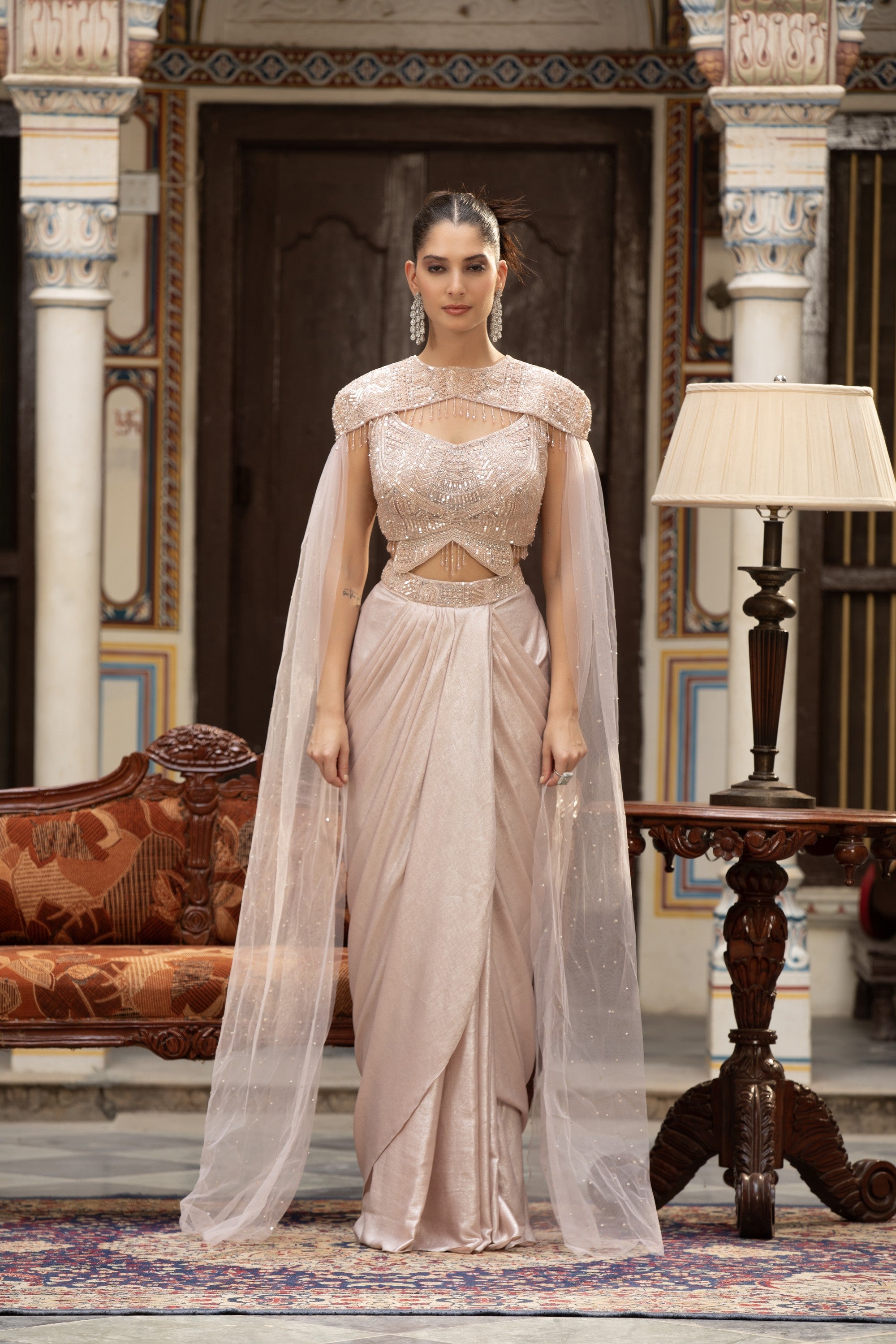 Blush Crystal Cape Shoulder Corset & Draped Skirt