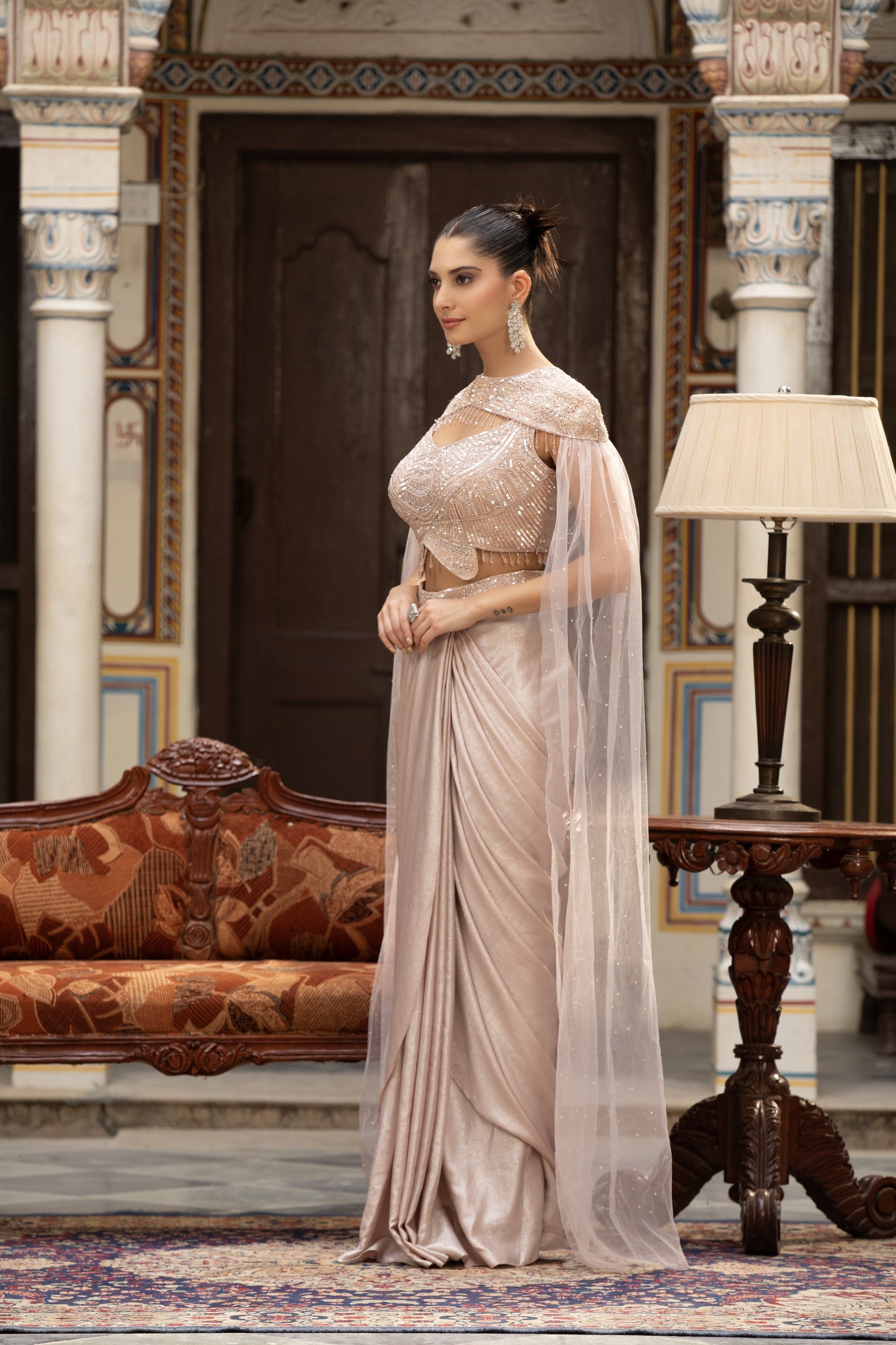 Blush Crystal Cape Shoulder Corset & Draped Skirt