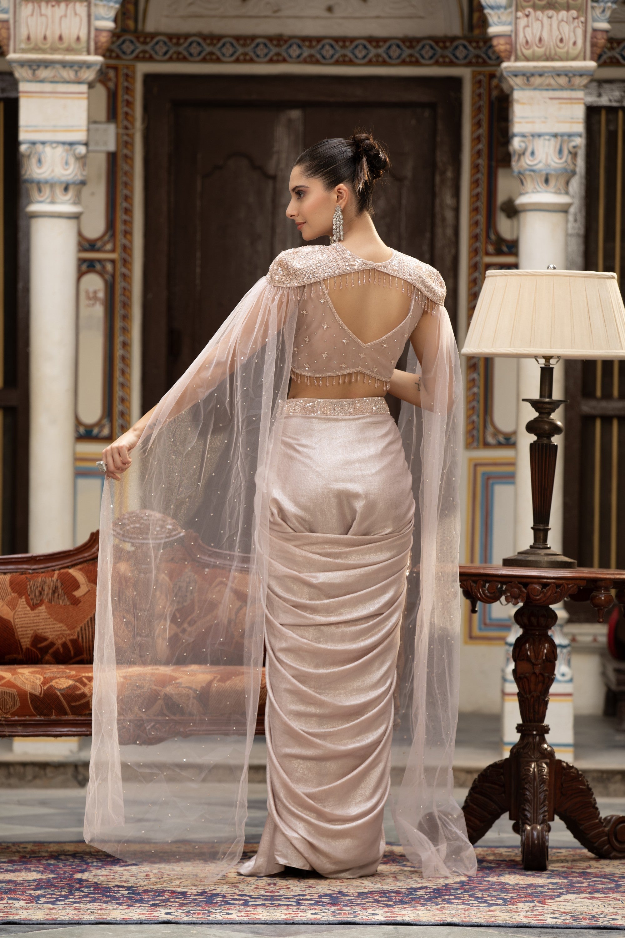 Blush Crystal Cape Shoulder Corset & Draped Skirt