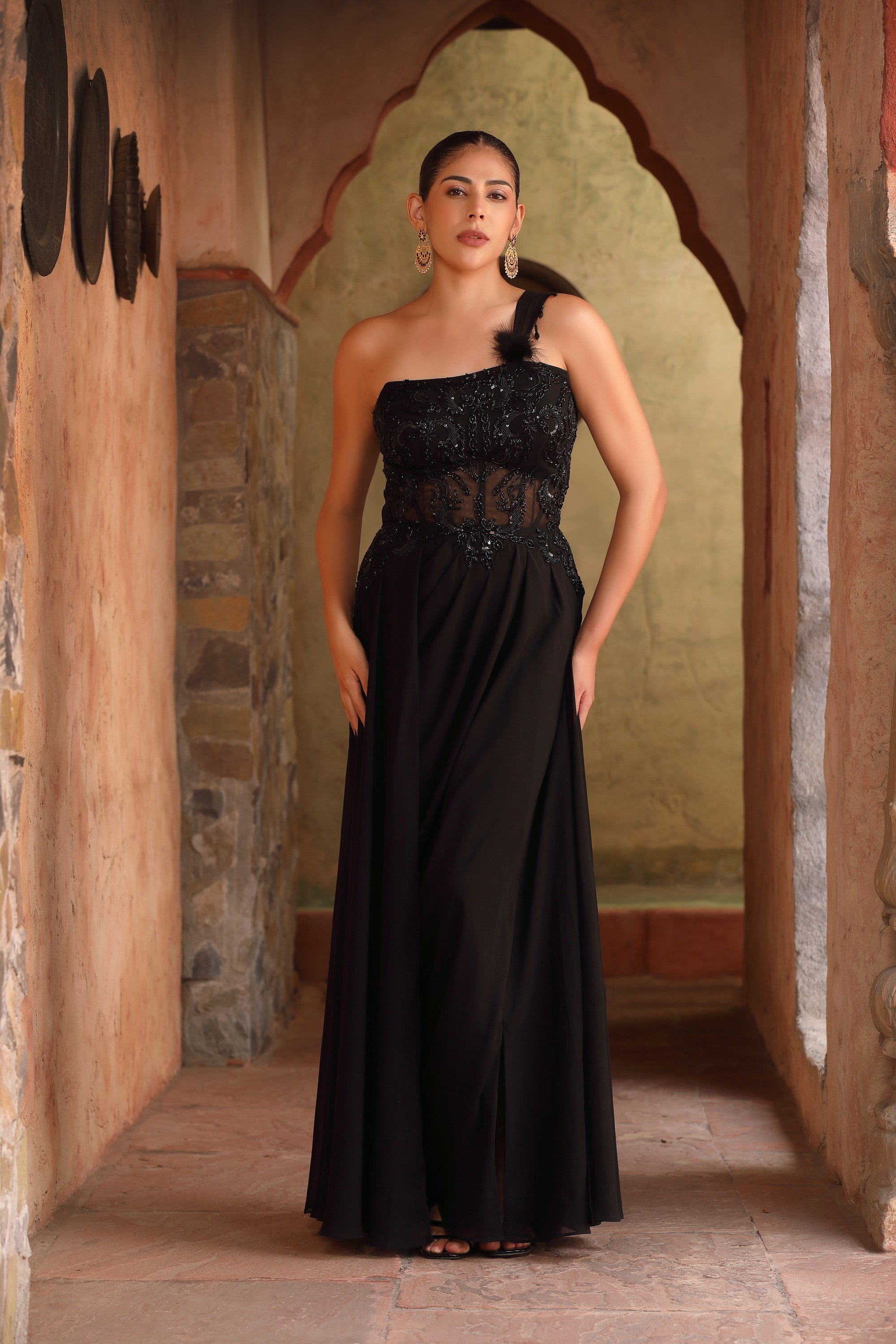 Black Feather One-Shoulder Embroidered Corset Gown