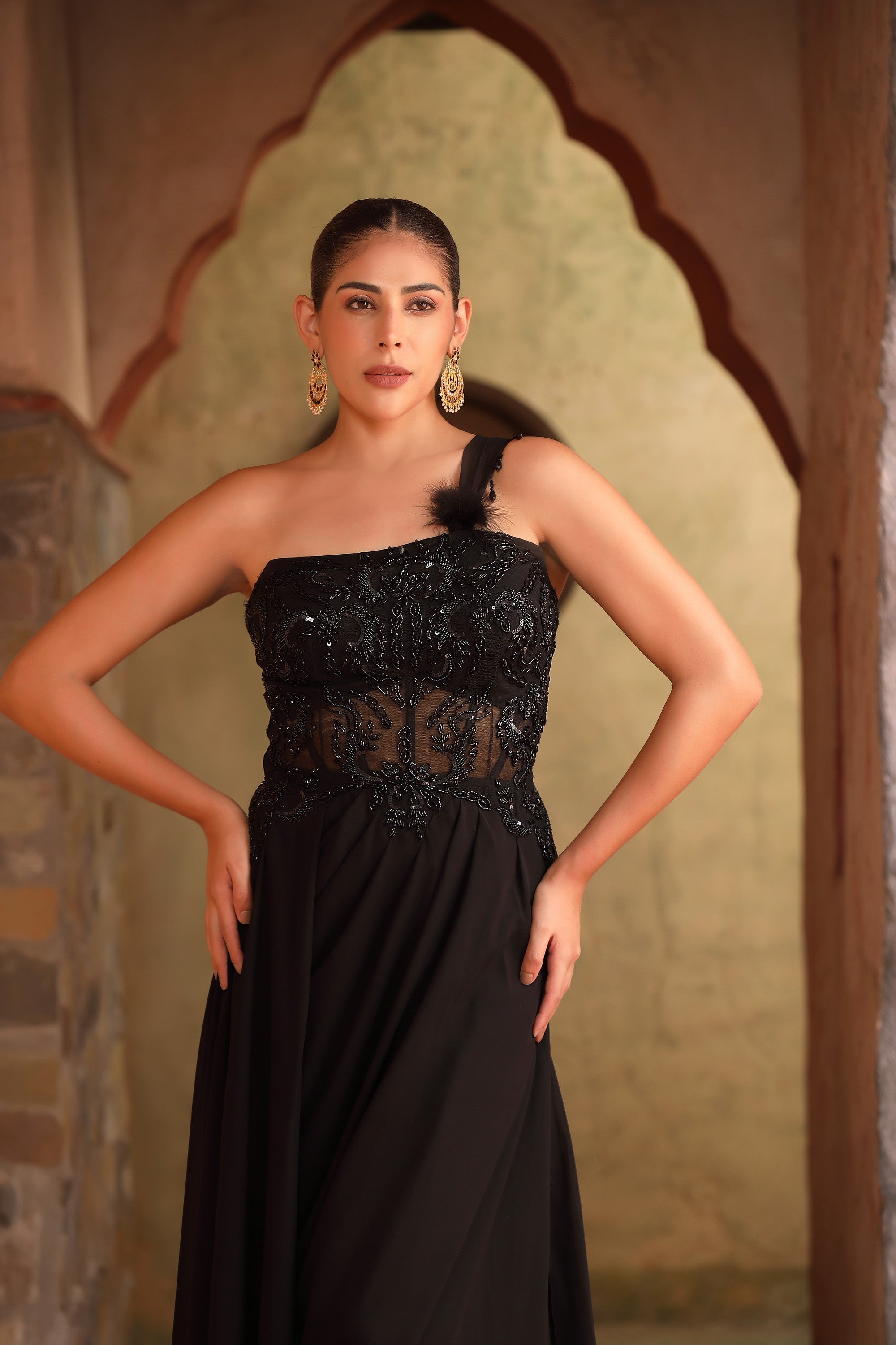 Black Feather One-Shoulder Gown — Designer