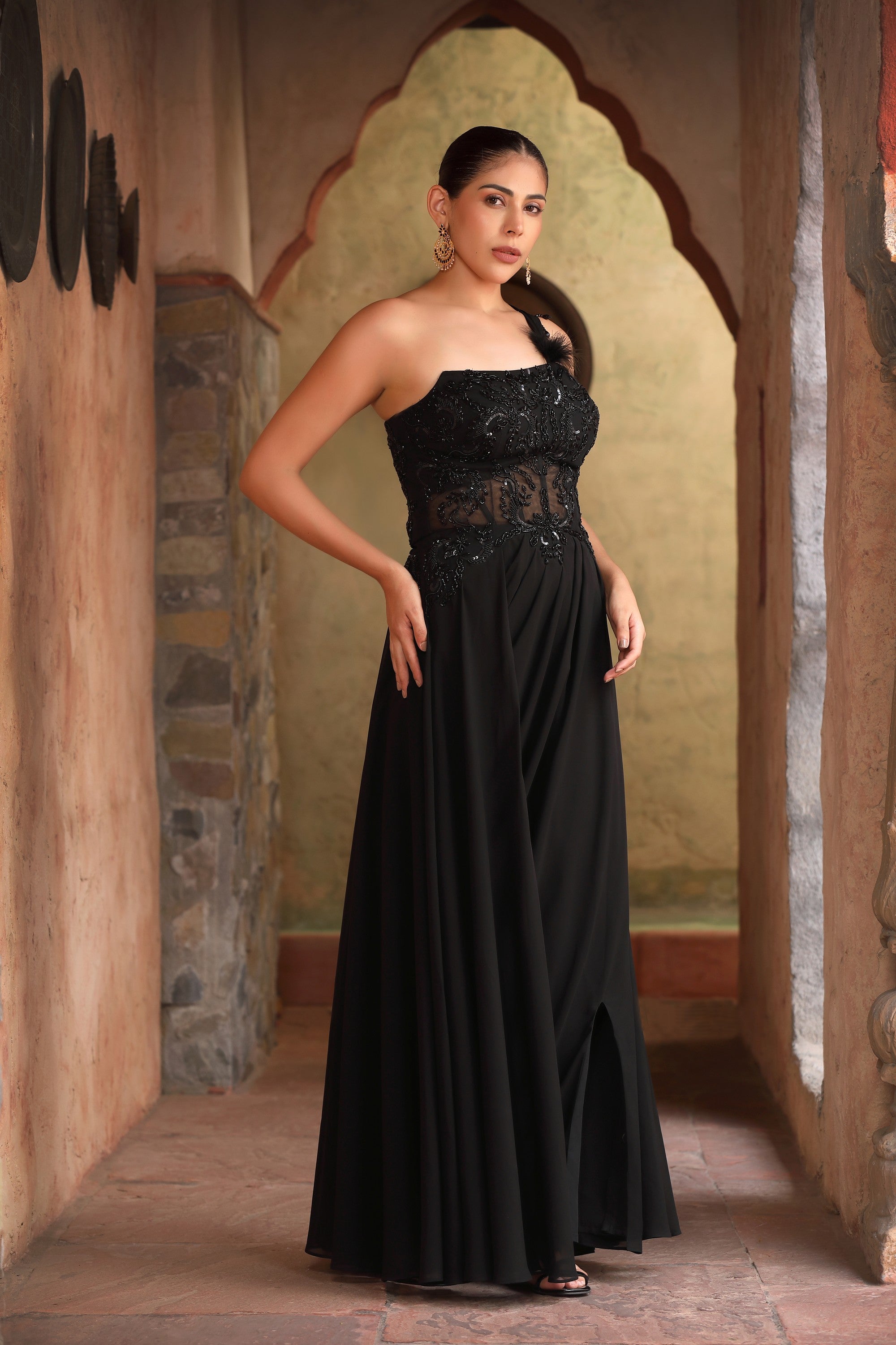 Black Feather One-Shoulder Embroidered Corset Gown