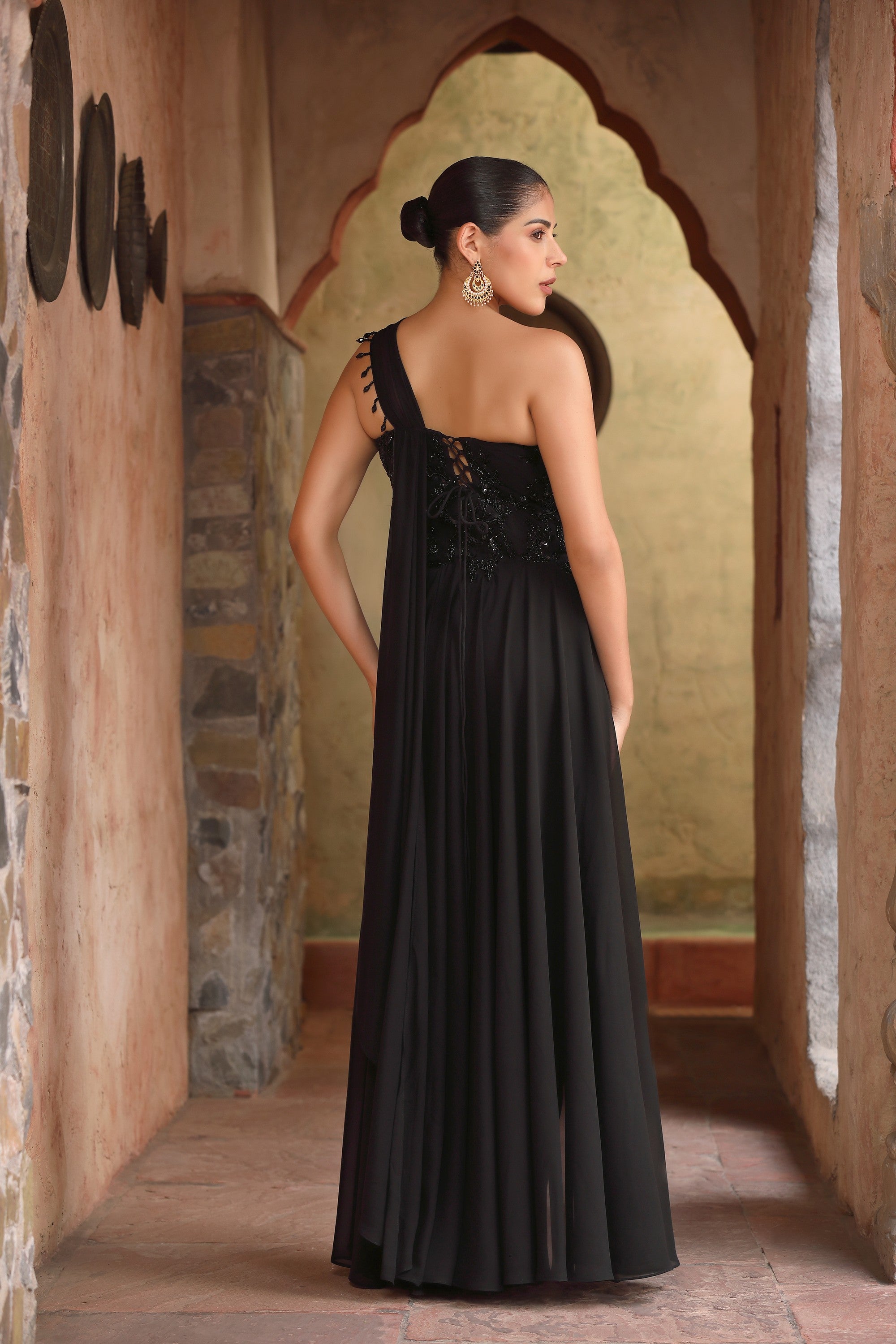 Black Feather One-Shoulder Embroidered Corset Gown