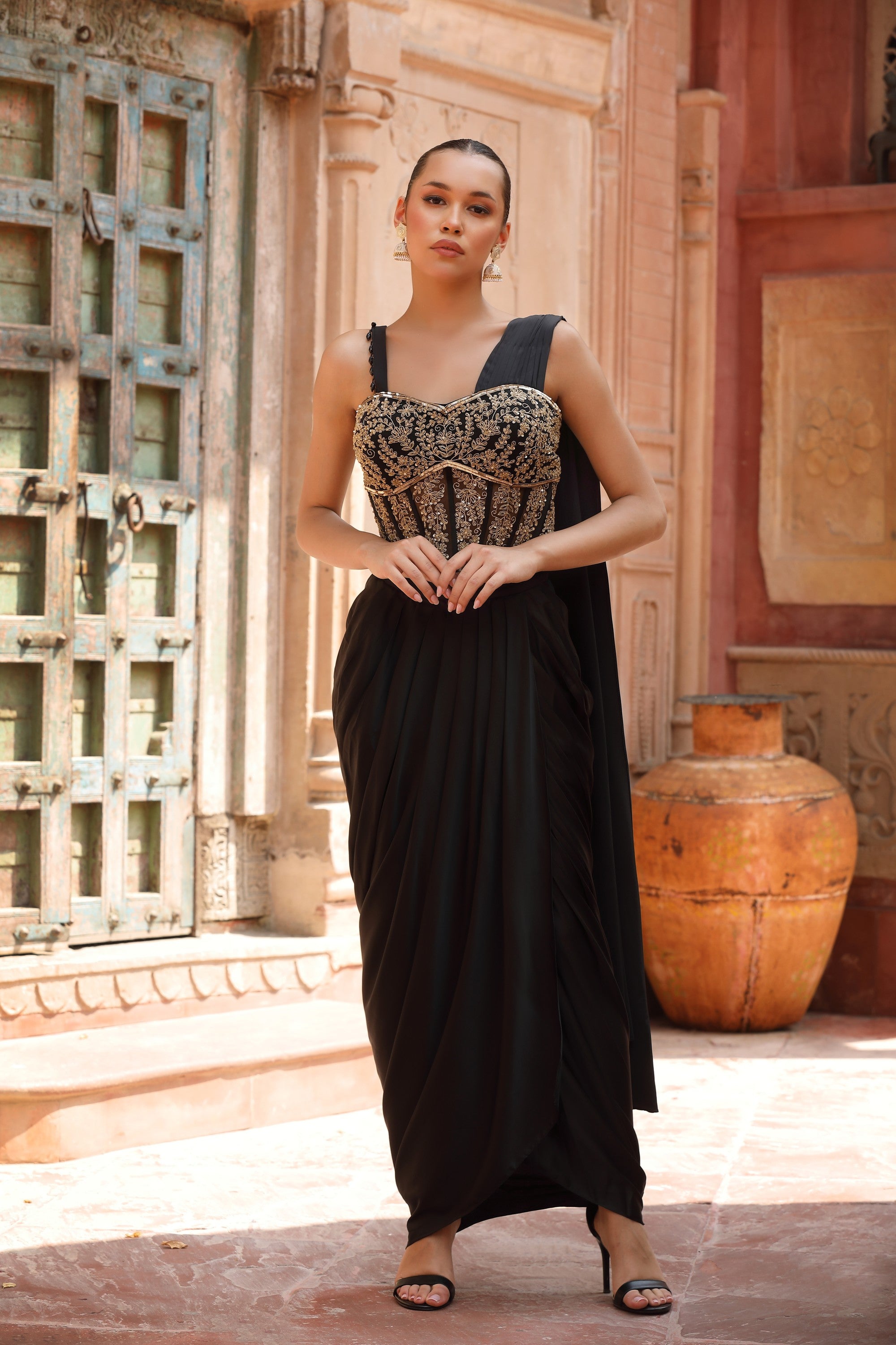 Black & Gold Zardozi Corset & Draped Dhoti Skirt