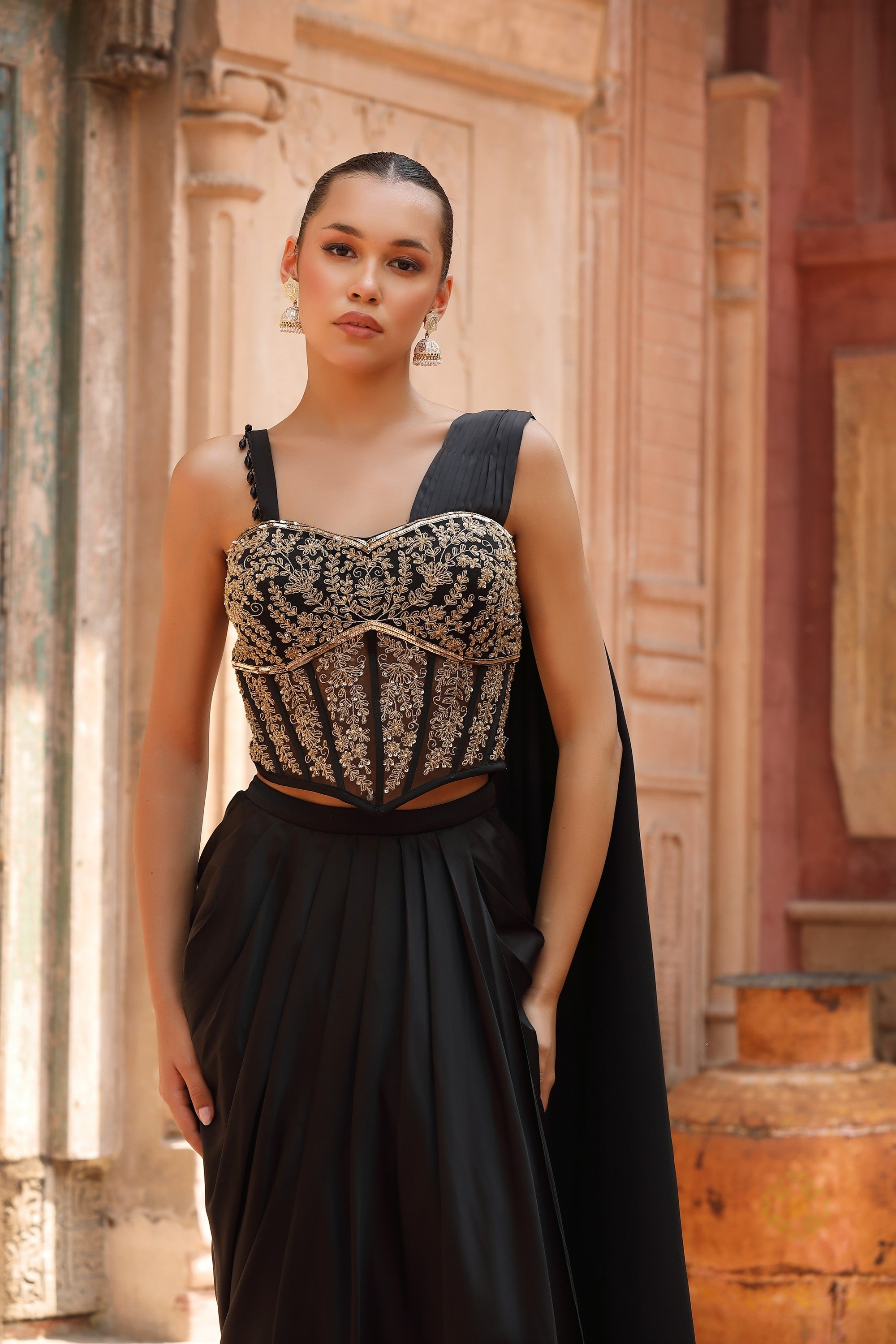 Black & Gold Zardozi Corset & Draped Dhoti Skirt