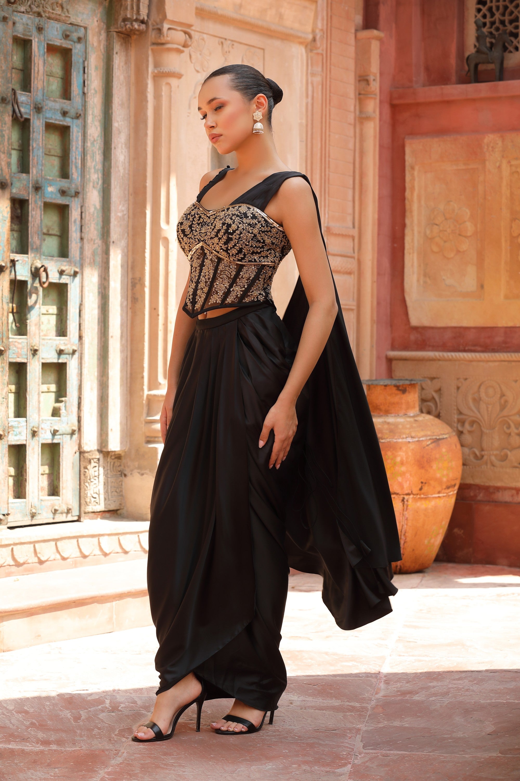 Black & Gold Zardozi Corset & Draped Dhoti Skirt