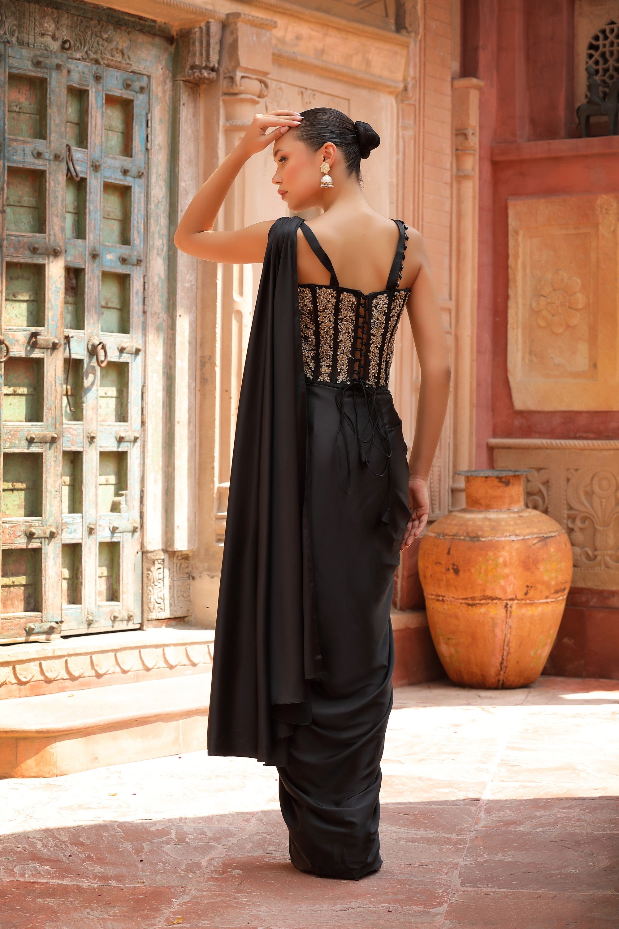 Black & Gold Zardozi Corset & Draped Dhoti Skirt
