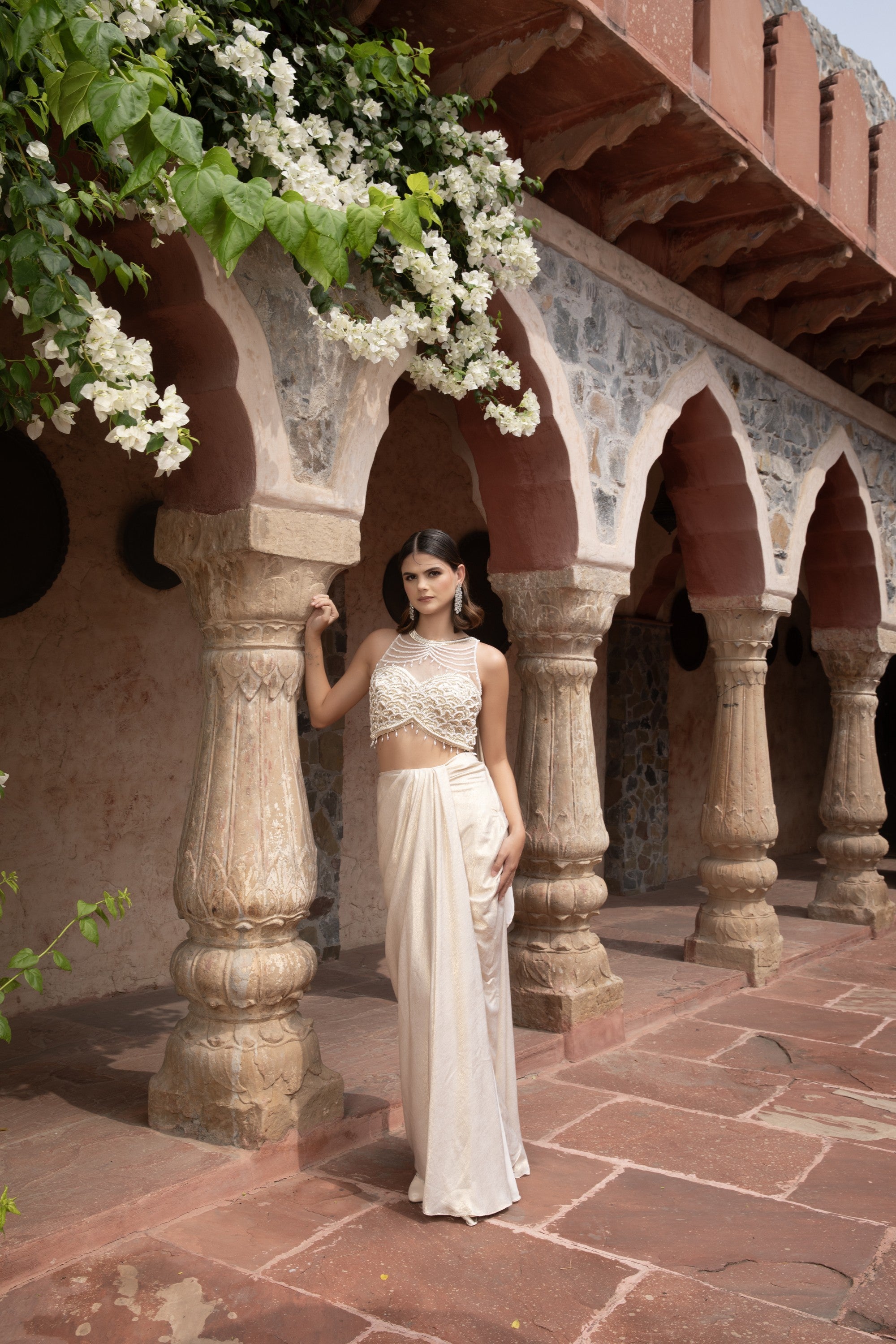 Ivory Pearl & Gold Scallop Corset & Draped Shimmer Skirt