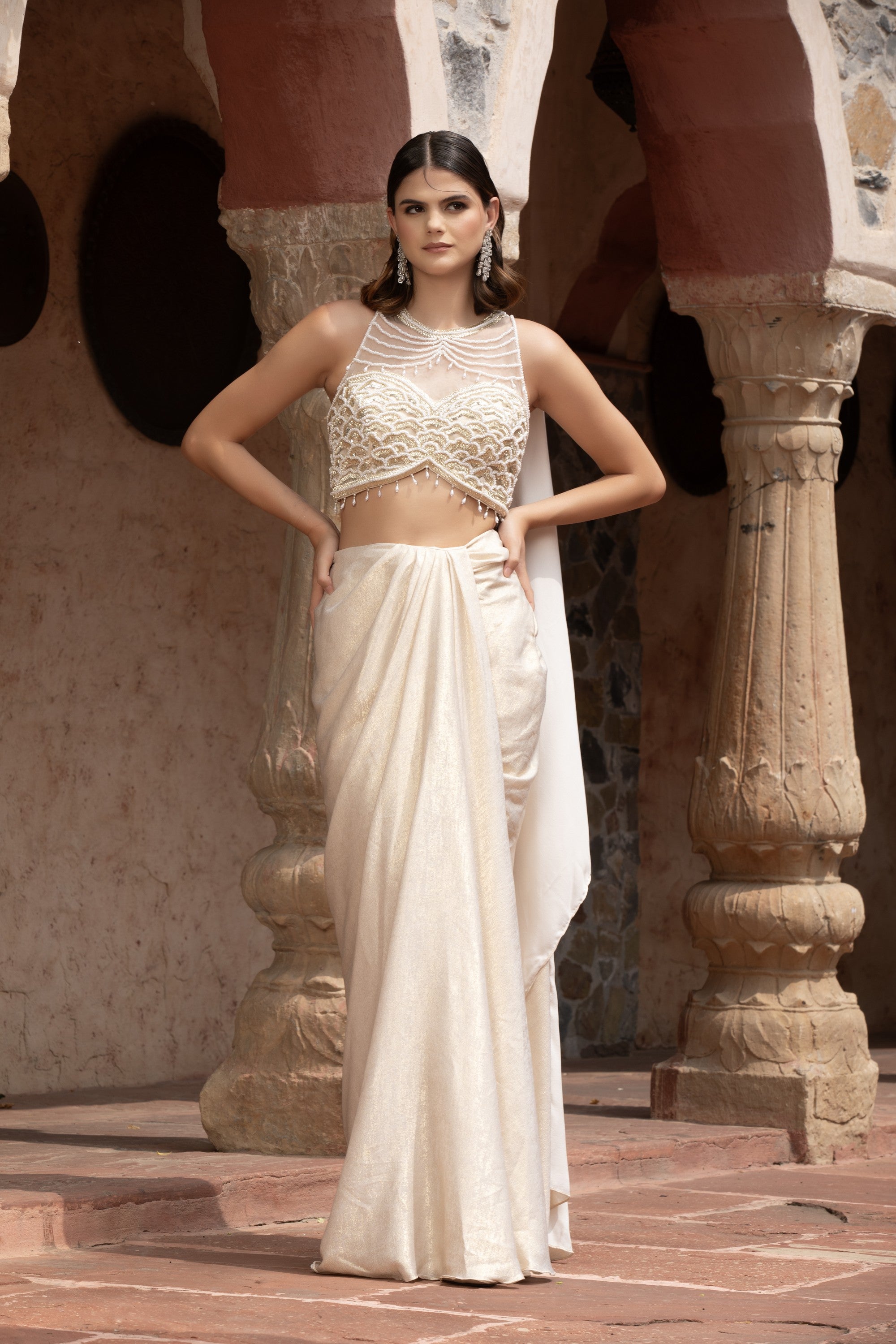 Ivory Pearl & Gold Scallop Corset & Draped Shimmer Skirt