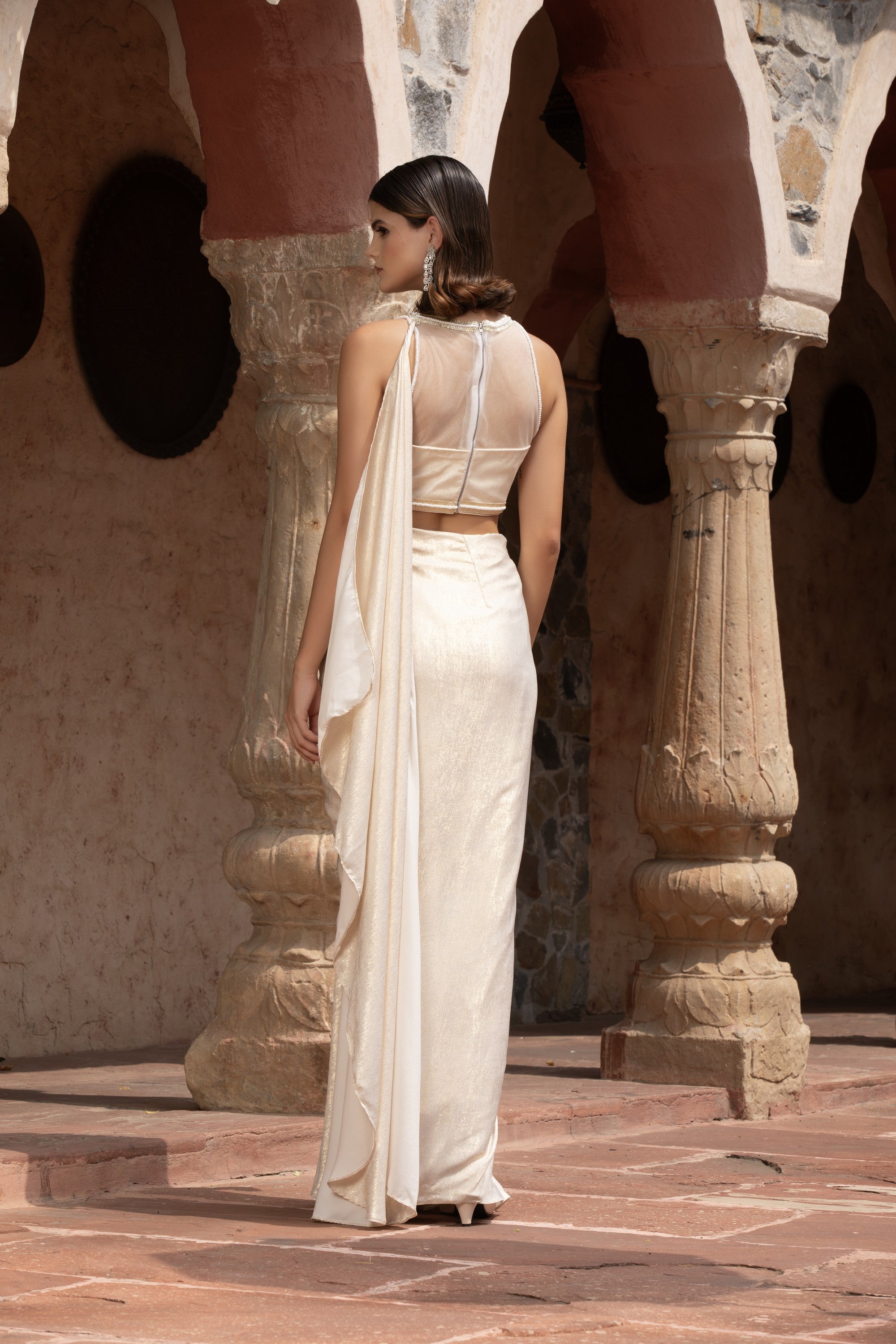 Ivory Pearl & Gold Scallop Corset & Draped Shimmer Skirt