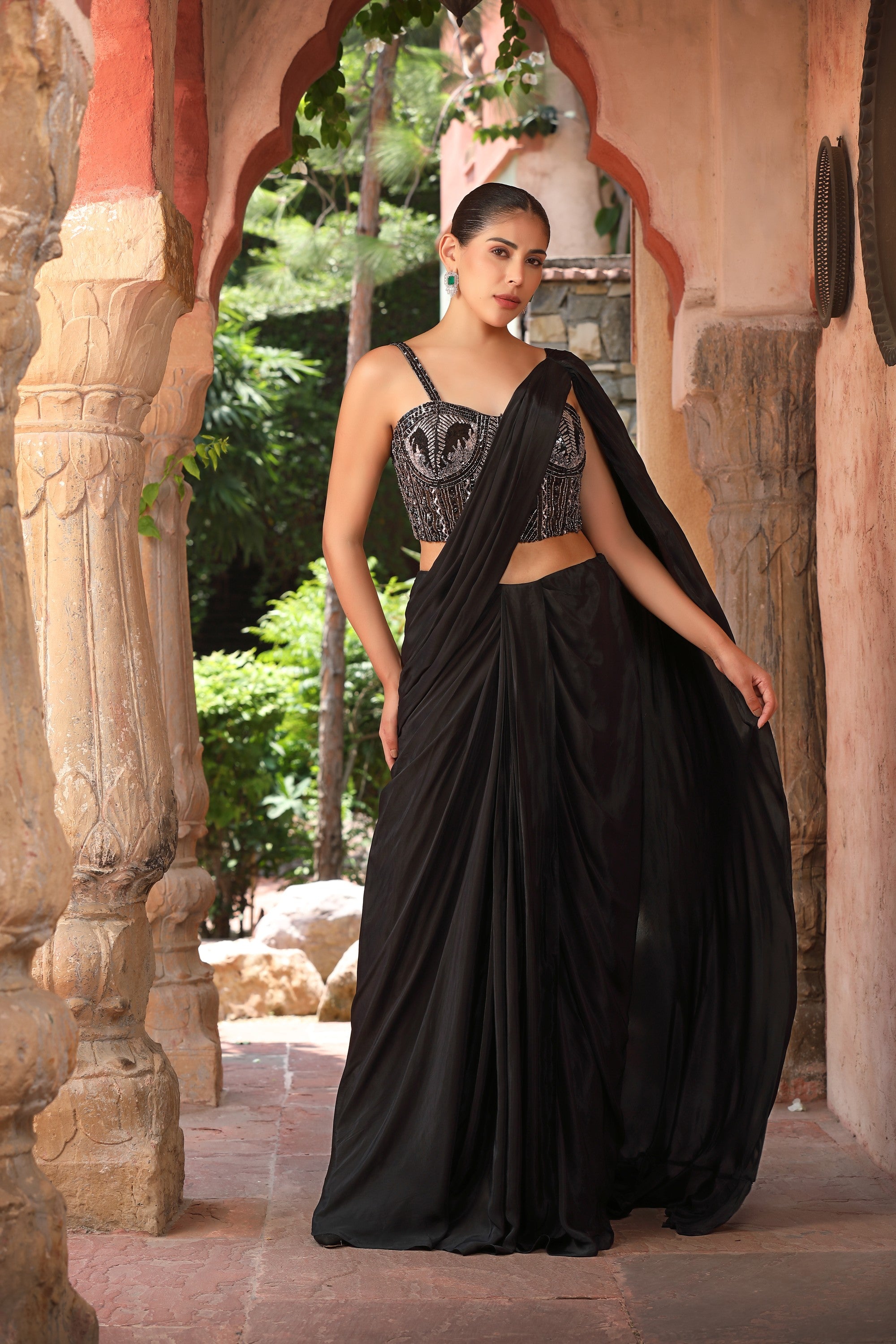 Black Silver Beaded Corset & Draped Satin Saree