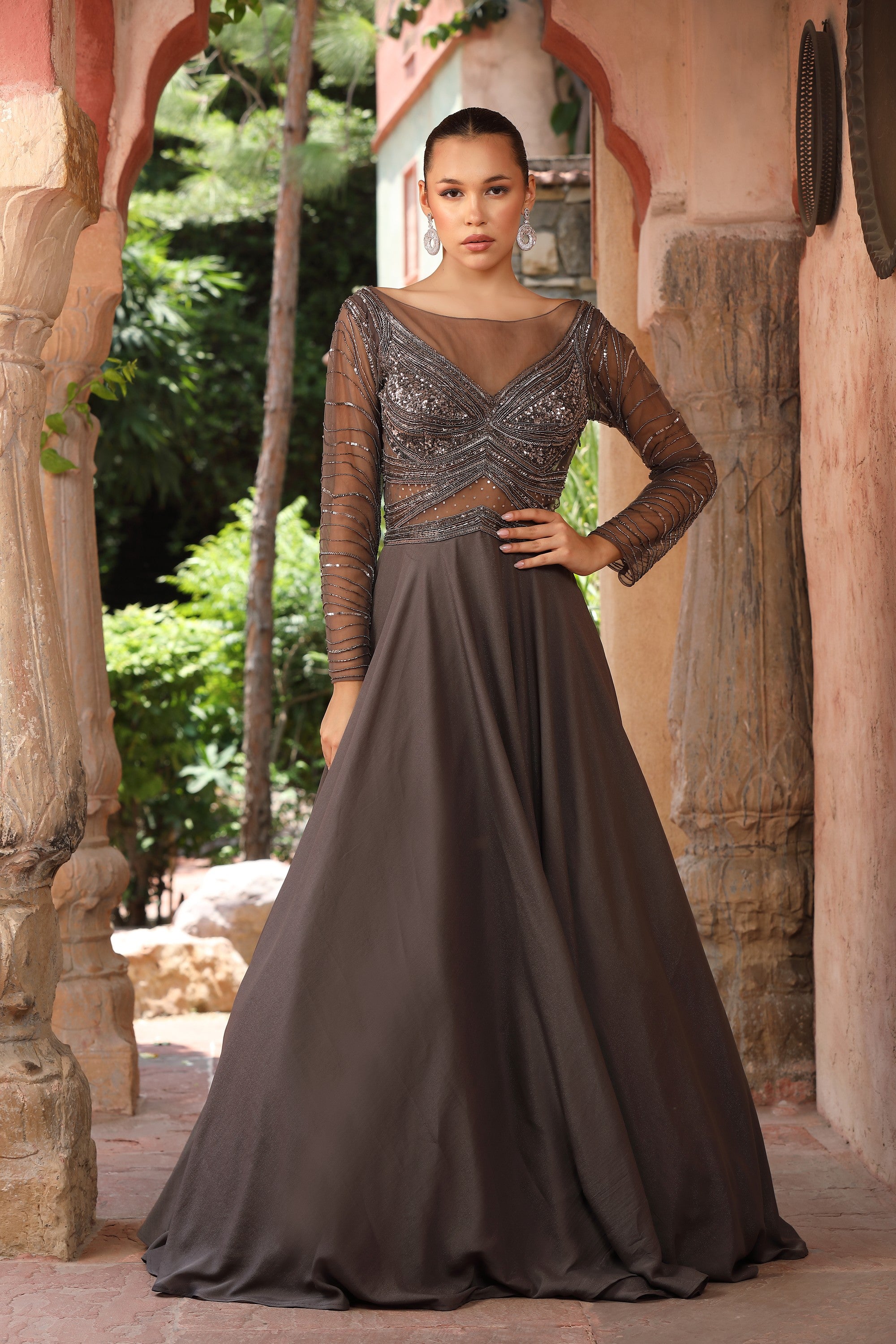 Slate Grey Sequin & Bead Embroidered Illusion Gown