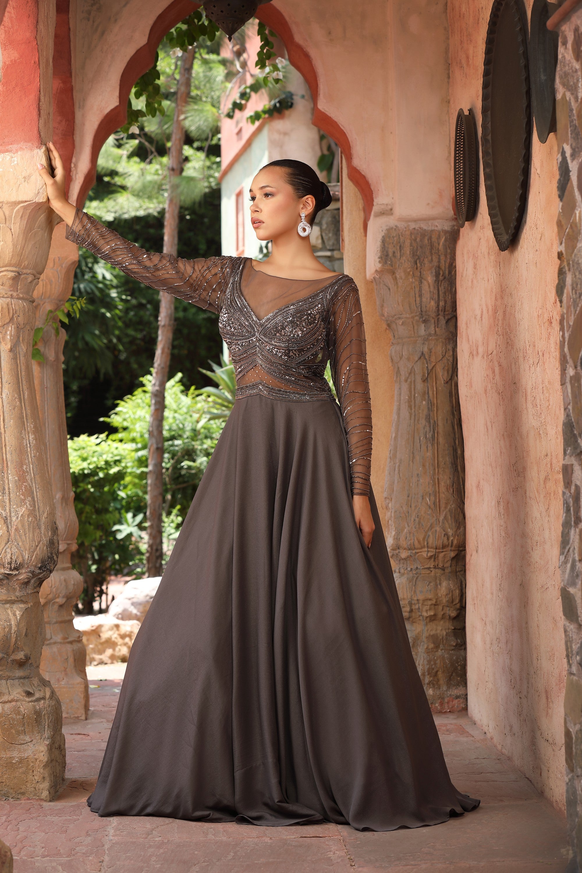 Slate Grey Sequin & Bead Embroidered Illusion Gown
