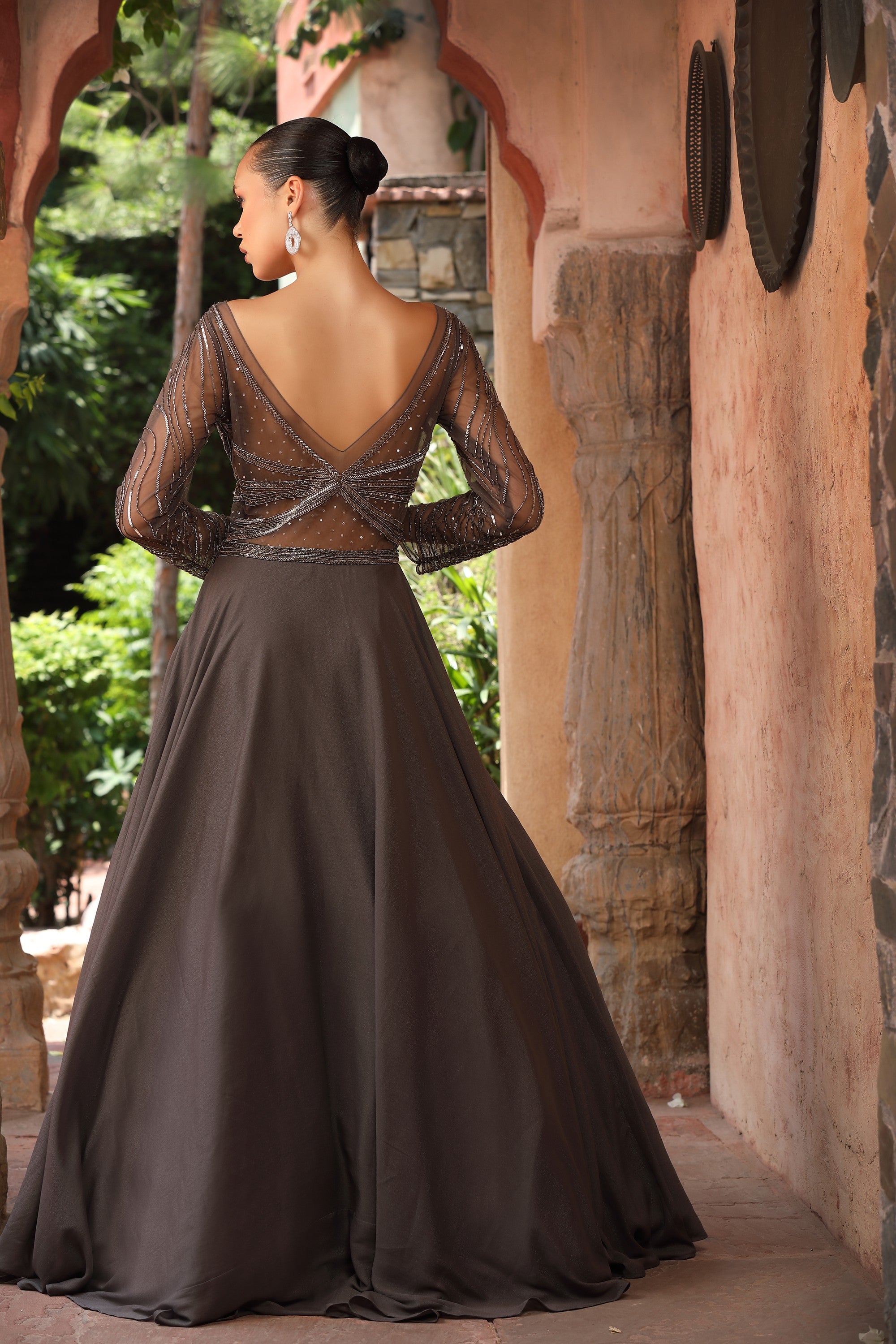 Slate Grey Sequin & Bead Embroidered Illusion Gown