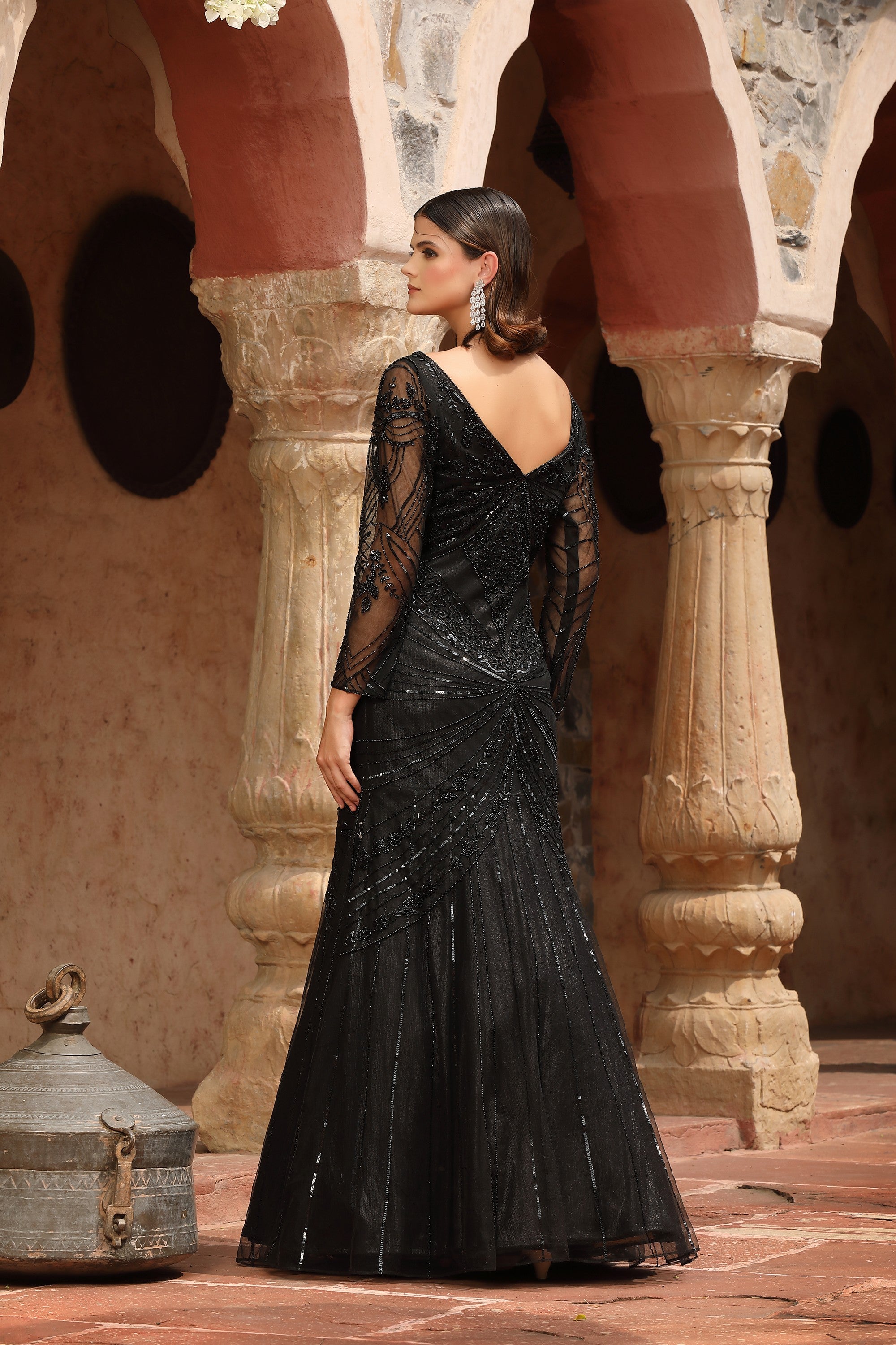 black long sleeve fishtail dress Norma Kamali Long Sleeve V Neck Shirred Front Fishtail Gown in Black