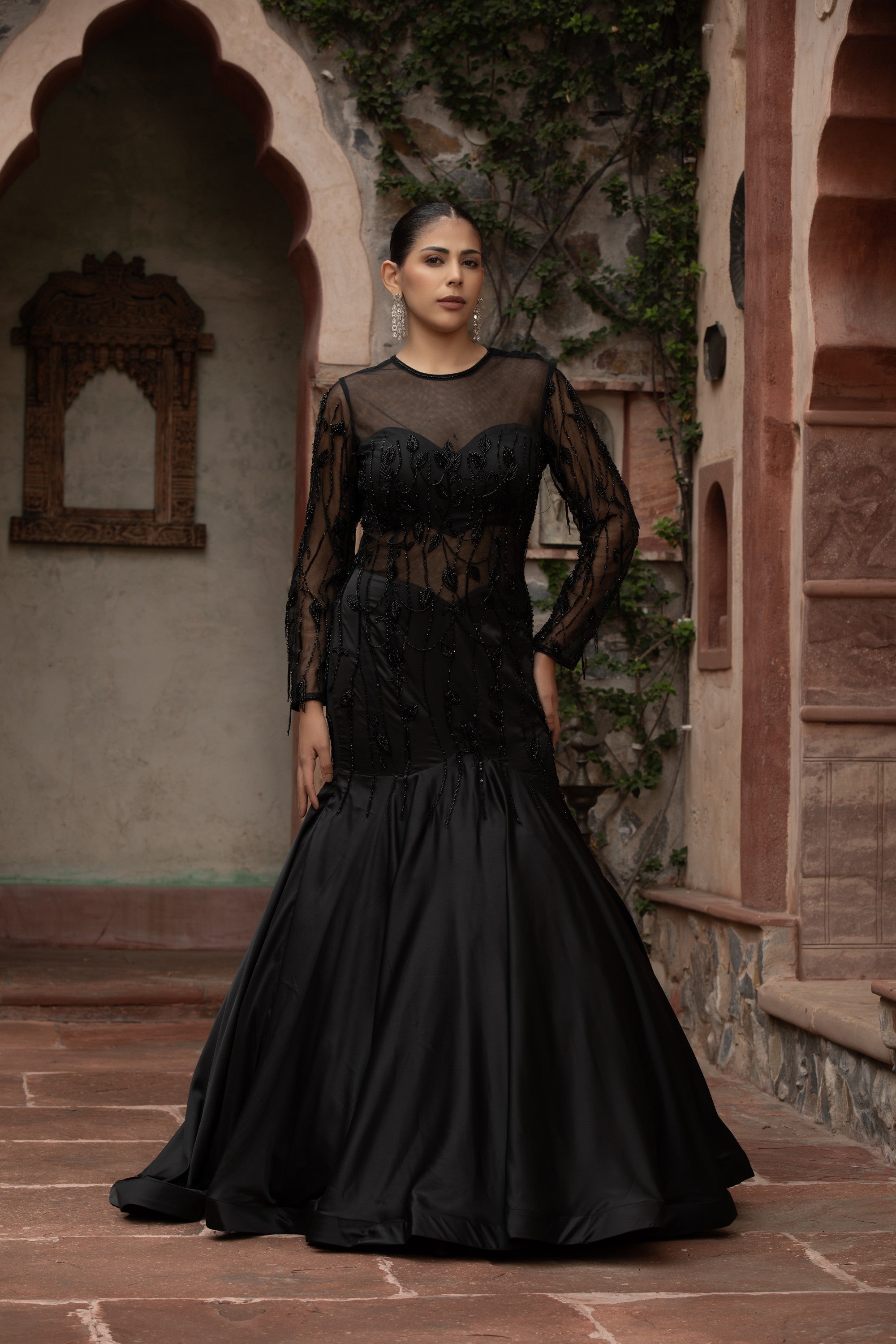 Black Sheer Embroidered Corset Mermaid Gown