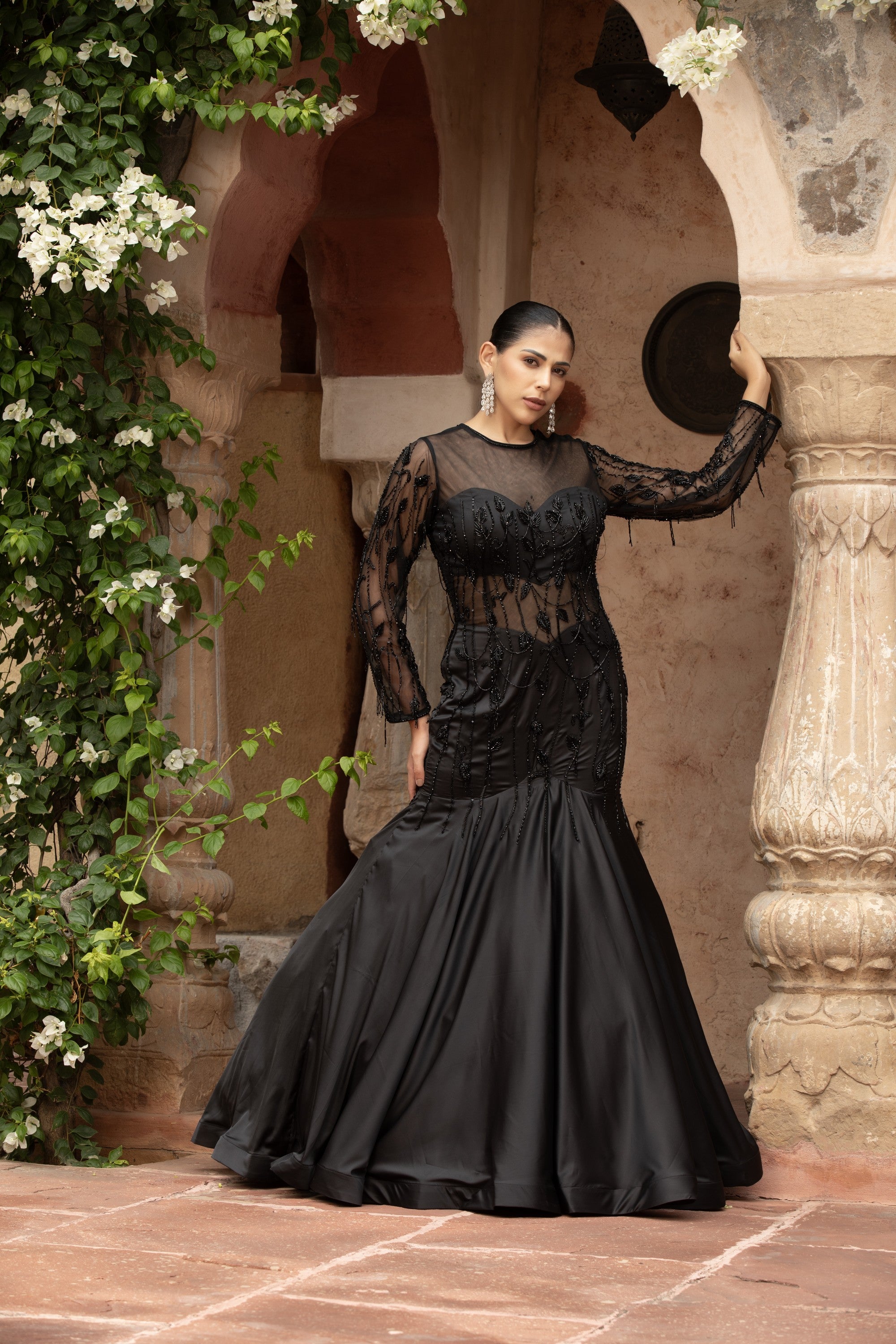 Black Sheer Embroidered Corset Mermaid Gown