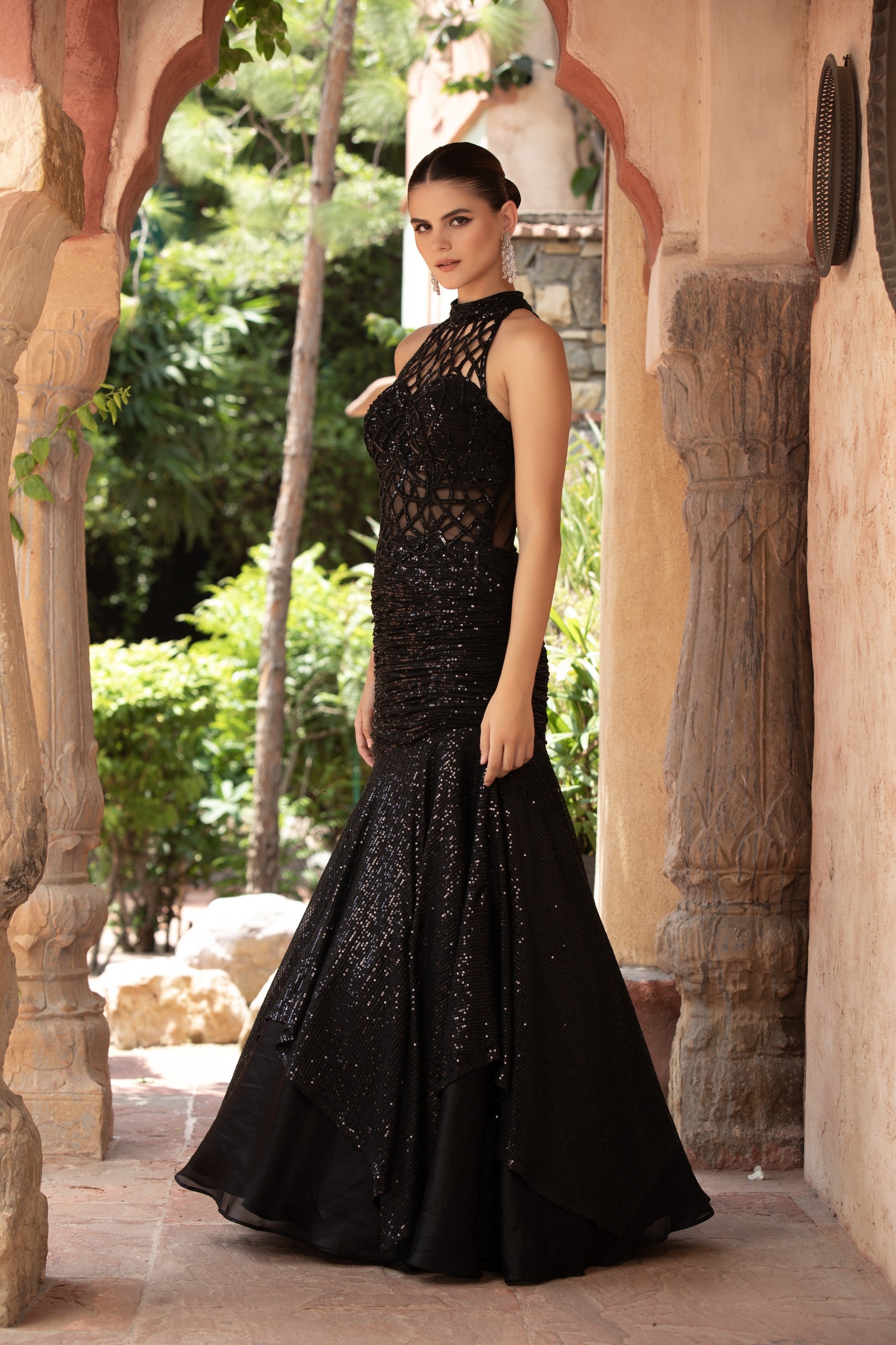 Black Lattice Cutwork Halter Neck Sequin Mermaid Gown