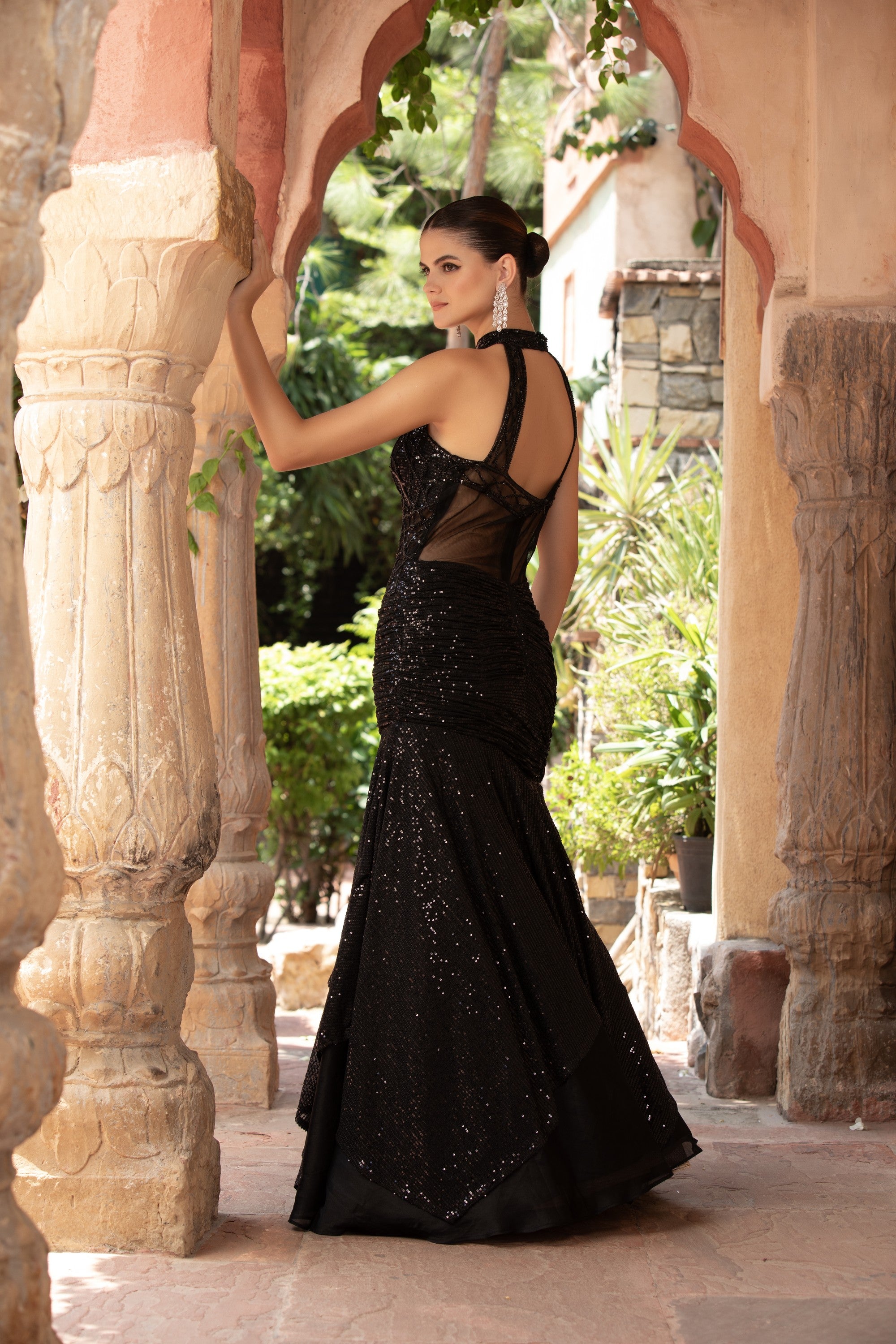 Black Lattice Cutwork Halter Neck Sequin Mermaid Gown